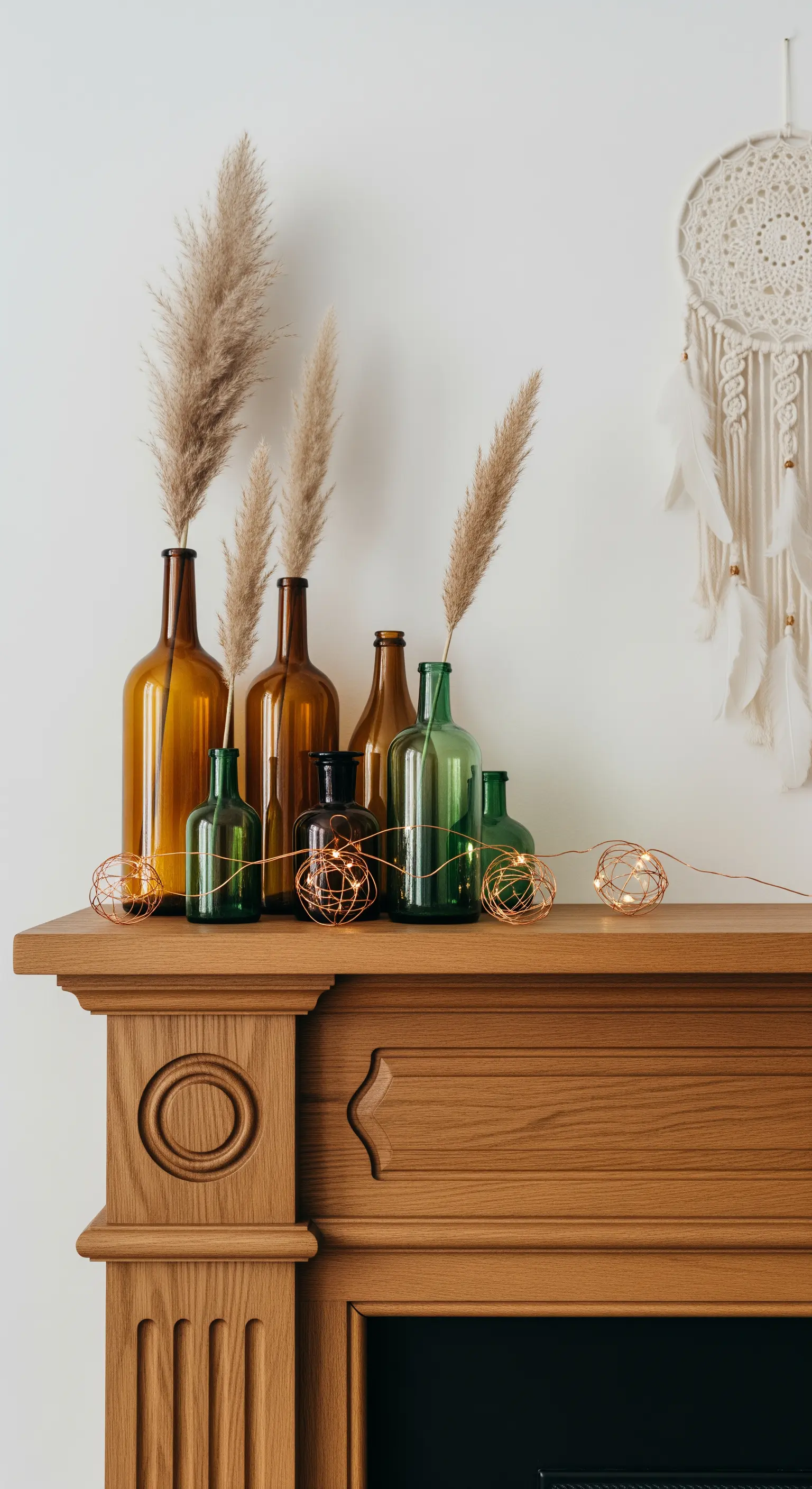 Sammlung von braunen Glasflaschen mit Trockengräsern auf Holzsims