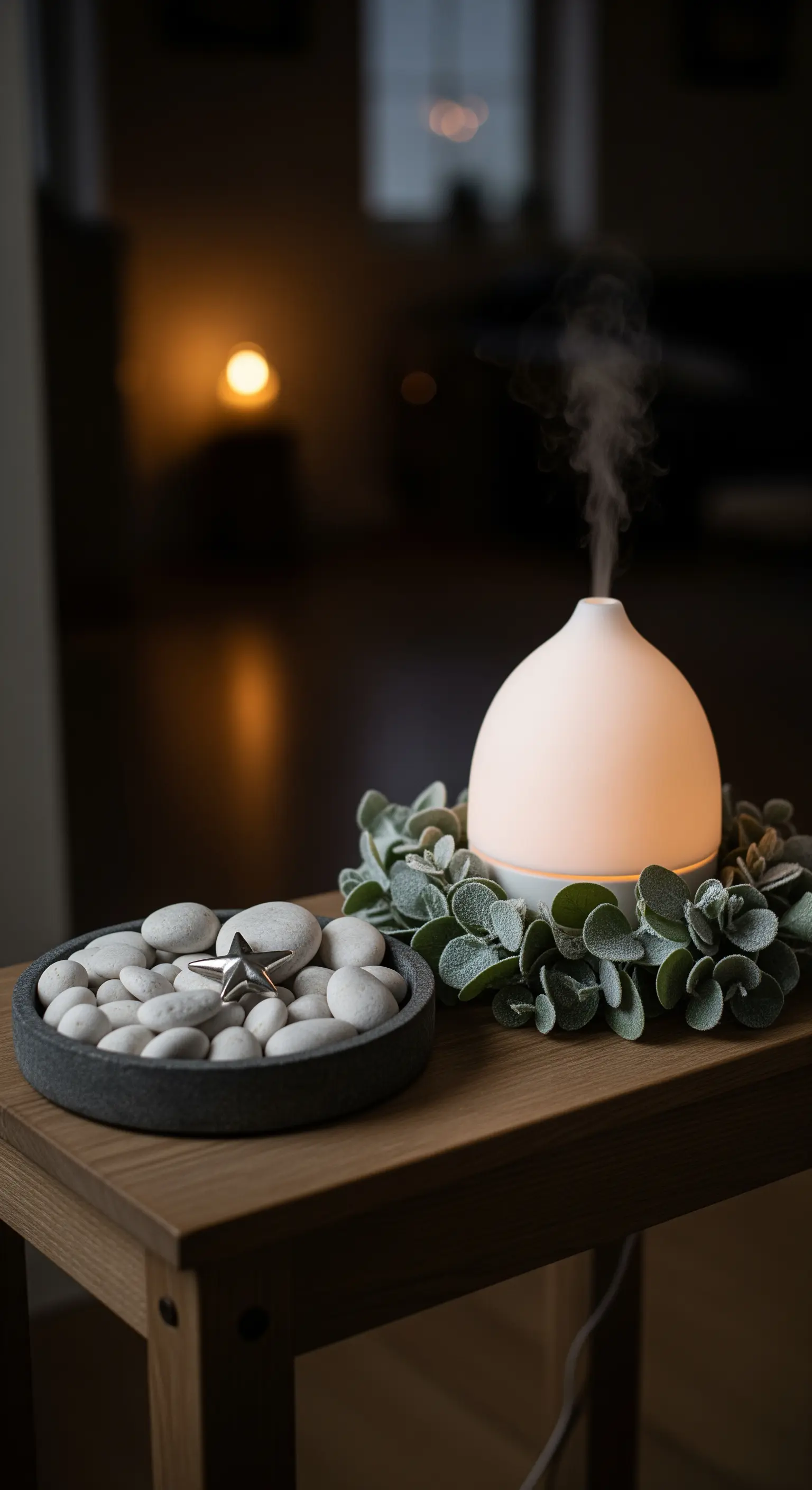 Aroma-Diffusor, Kieselsteine und kleiner Kranz auf Holztisch.