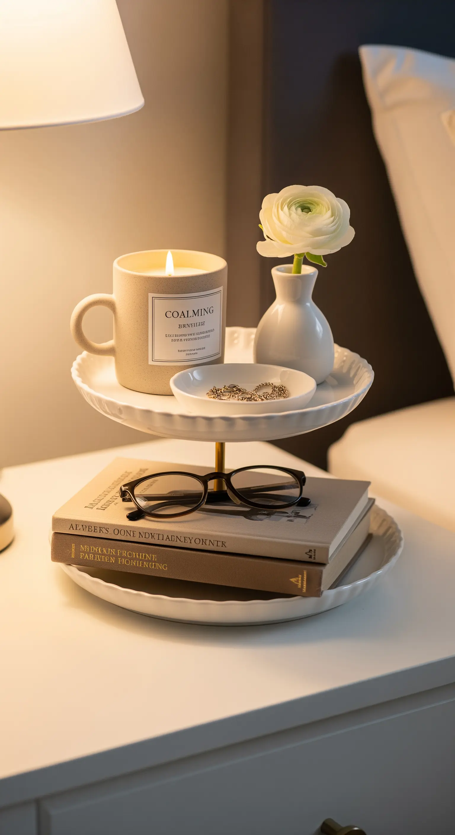 Kleine, weiße Etagere auf einem Nachttisch, dekoriert mit einer Kerze, Büchern und einer Blume.