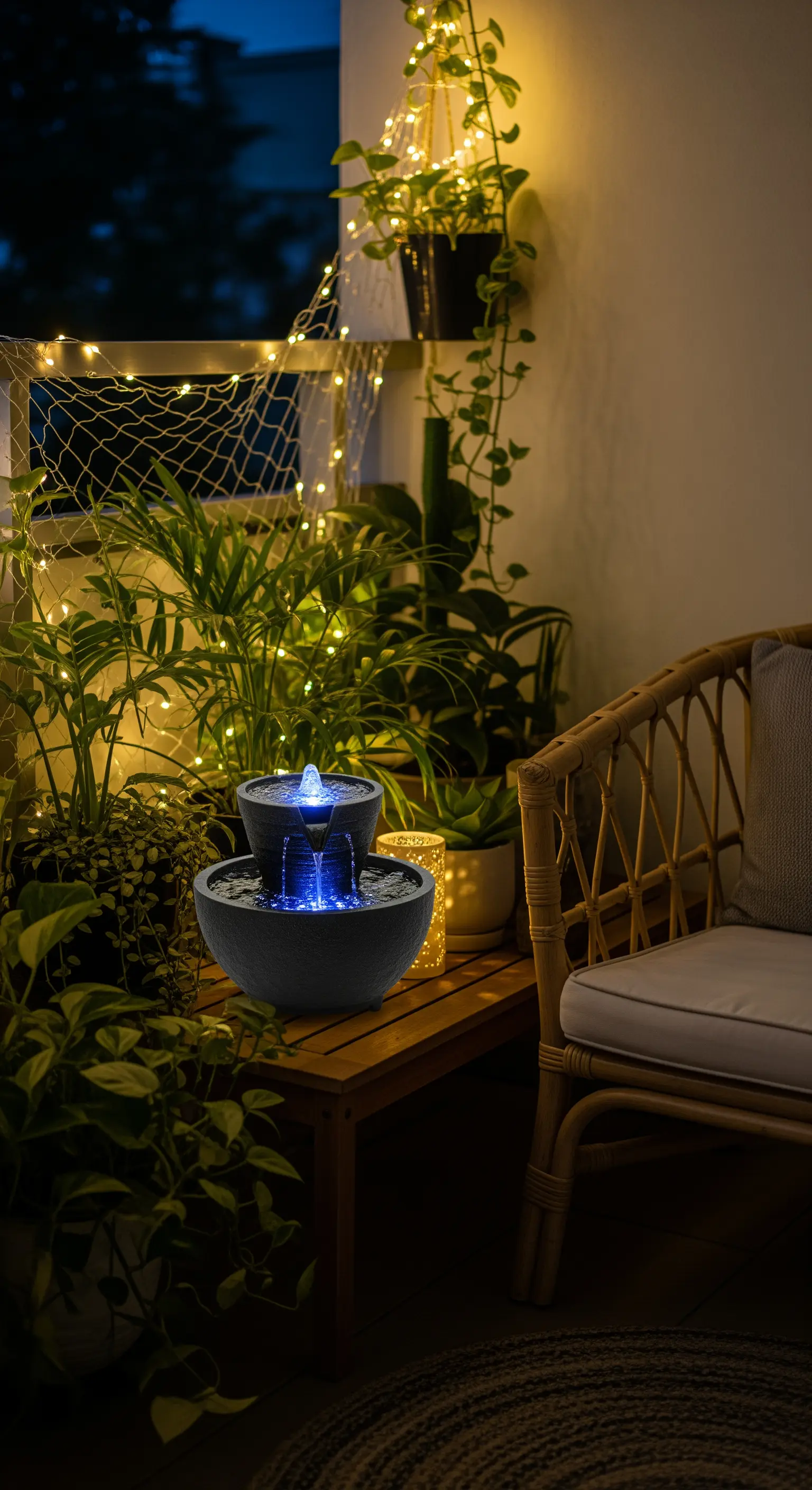Balkon-Ecke mit einem kleinen Brunnen, vielen Pflanzen und einem Lichtnetz