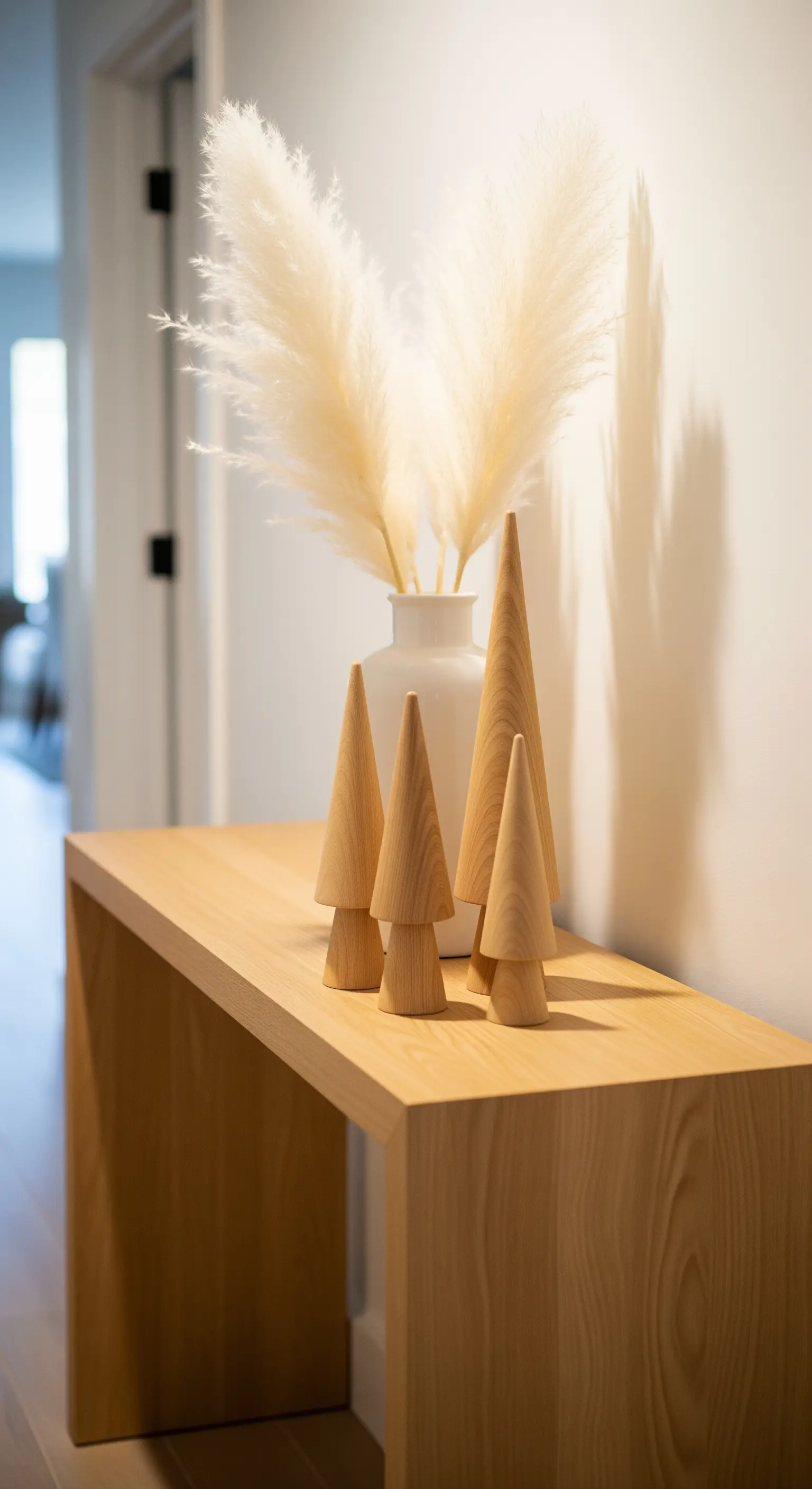 Konsole mit Pampasgras in Vase und Holzkegel-Dekoration