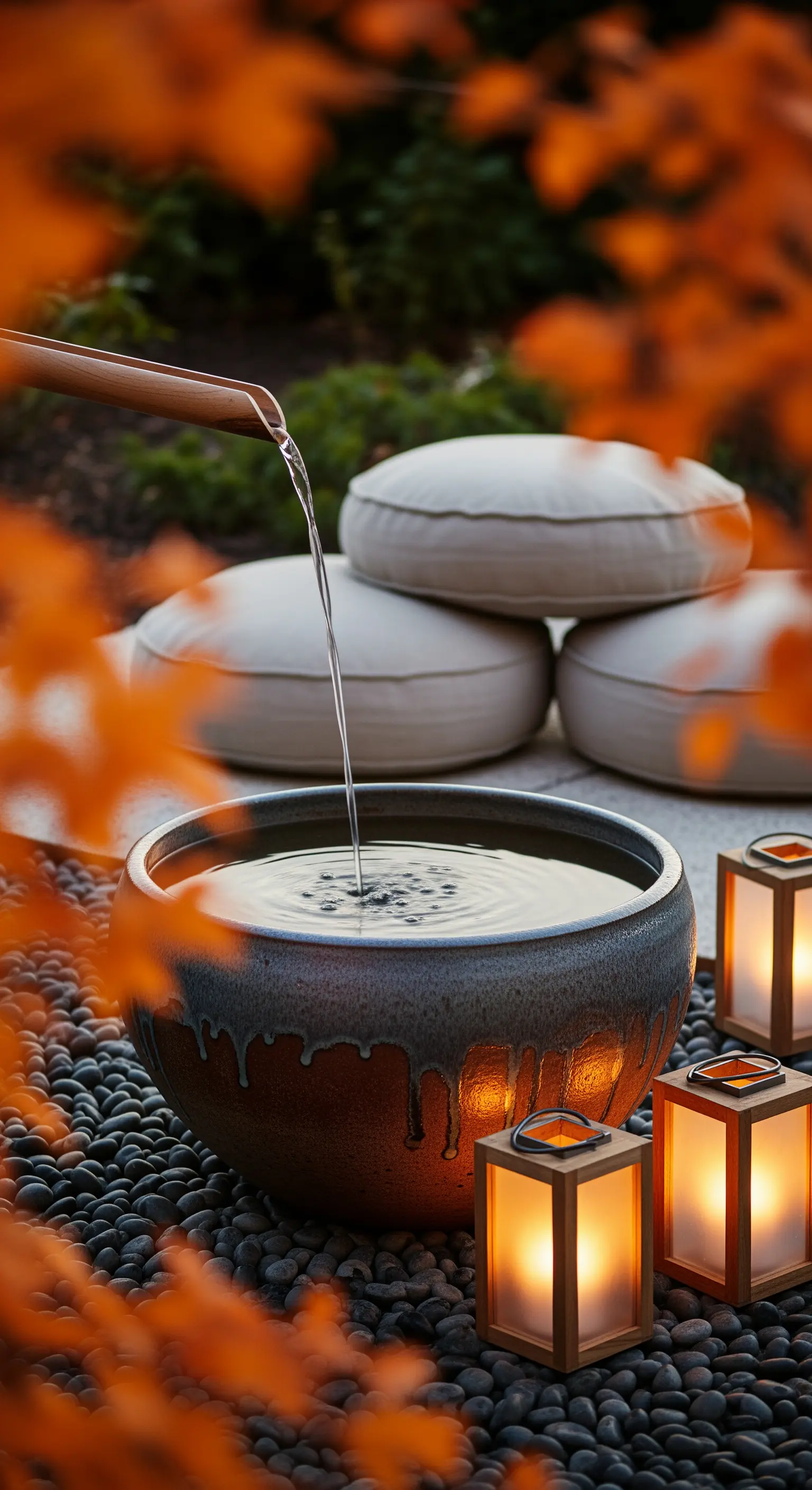 Japandi Wasserbecken mit Bambus, Laternen und Bodenkissen