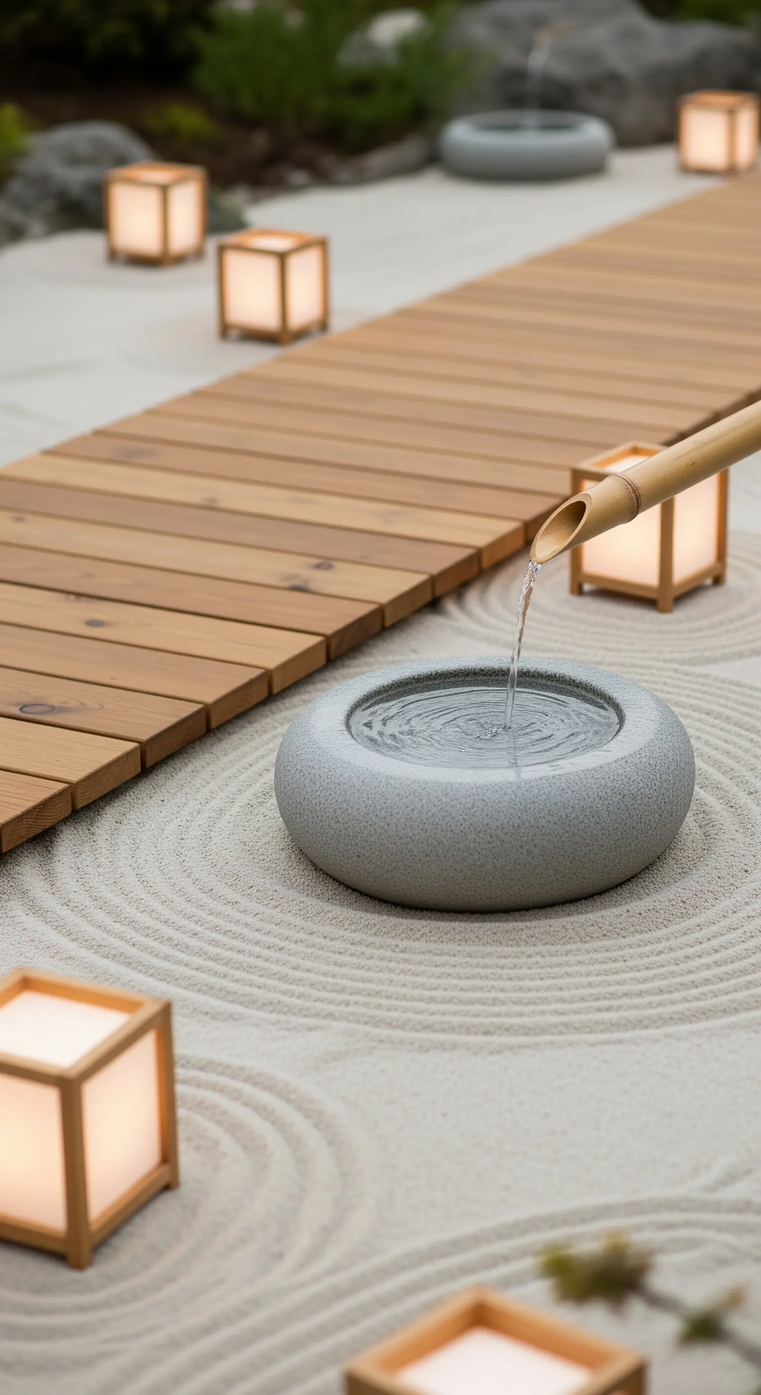 Japandi Wasserquelle mit Bambus, Holzsteg und Laternen