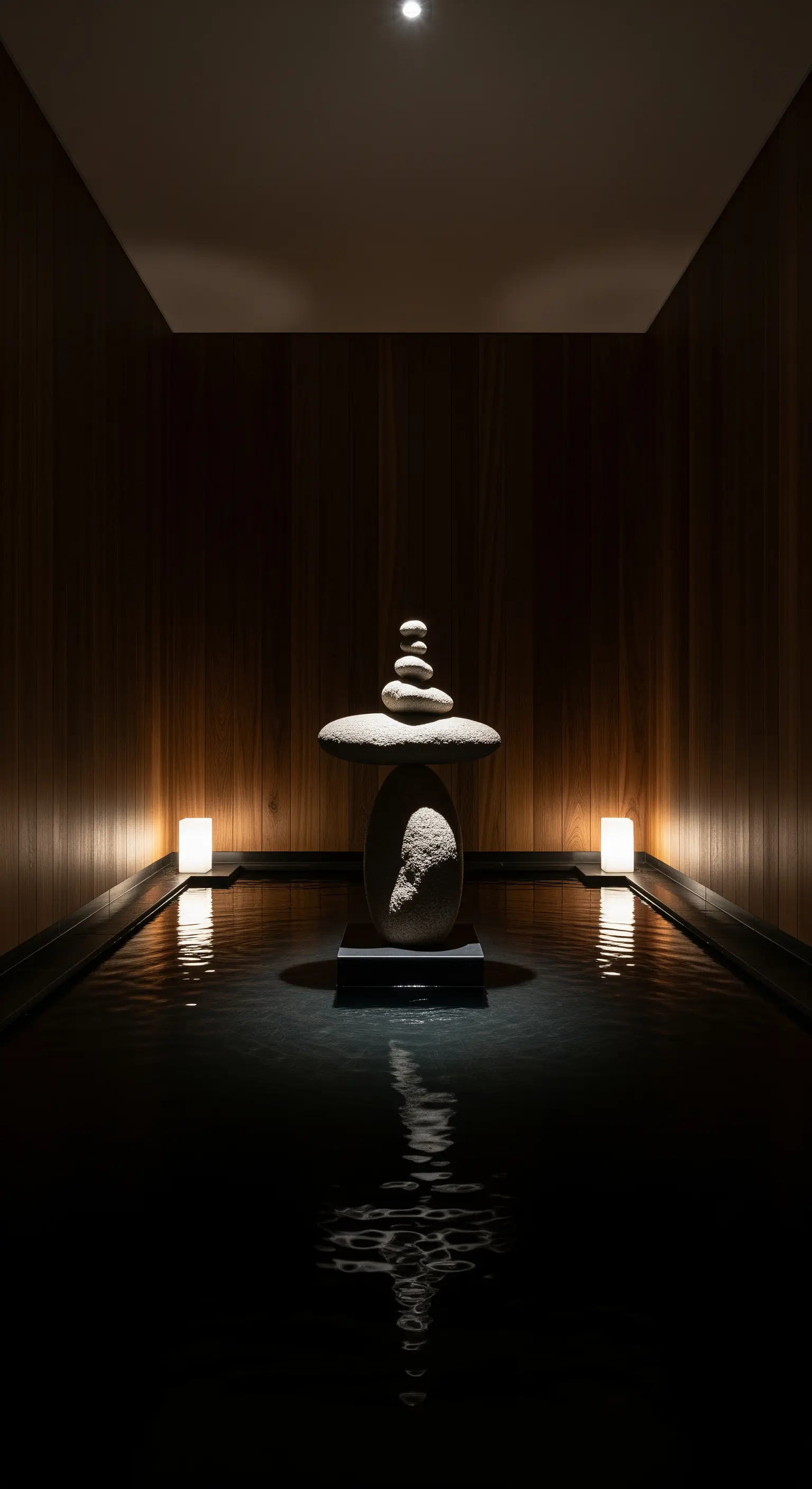 Gestapelte Zen-Steine in schmalem Wasserlauf mit Holzwänden.