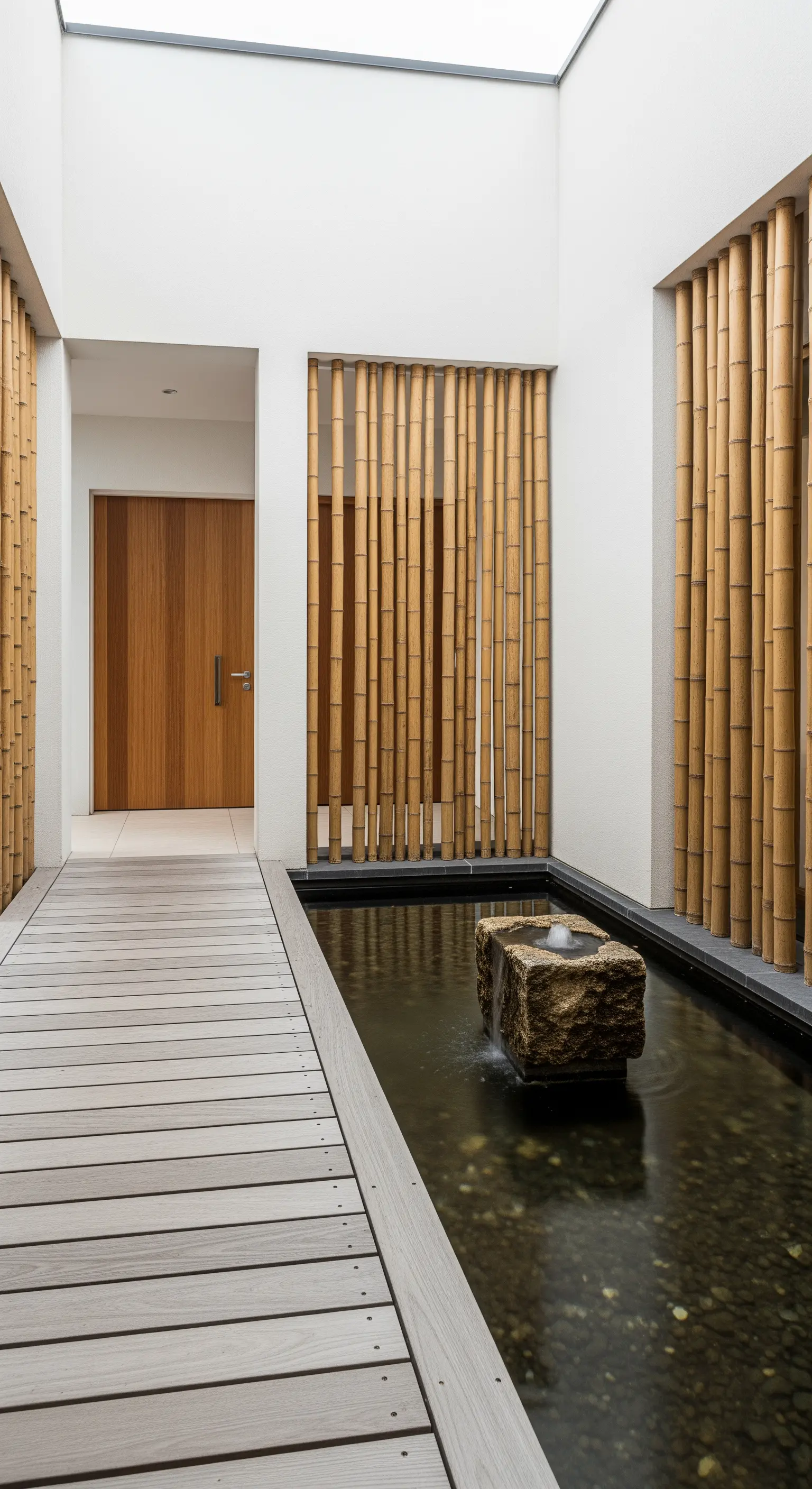 Eingangsbereich mit Wasserkanal, Holzsteg und Bambussichtschutz