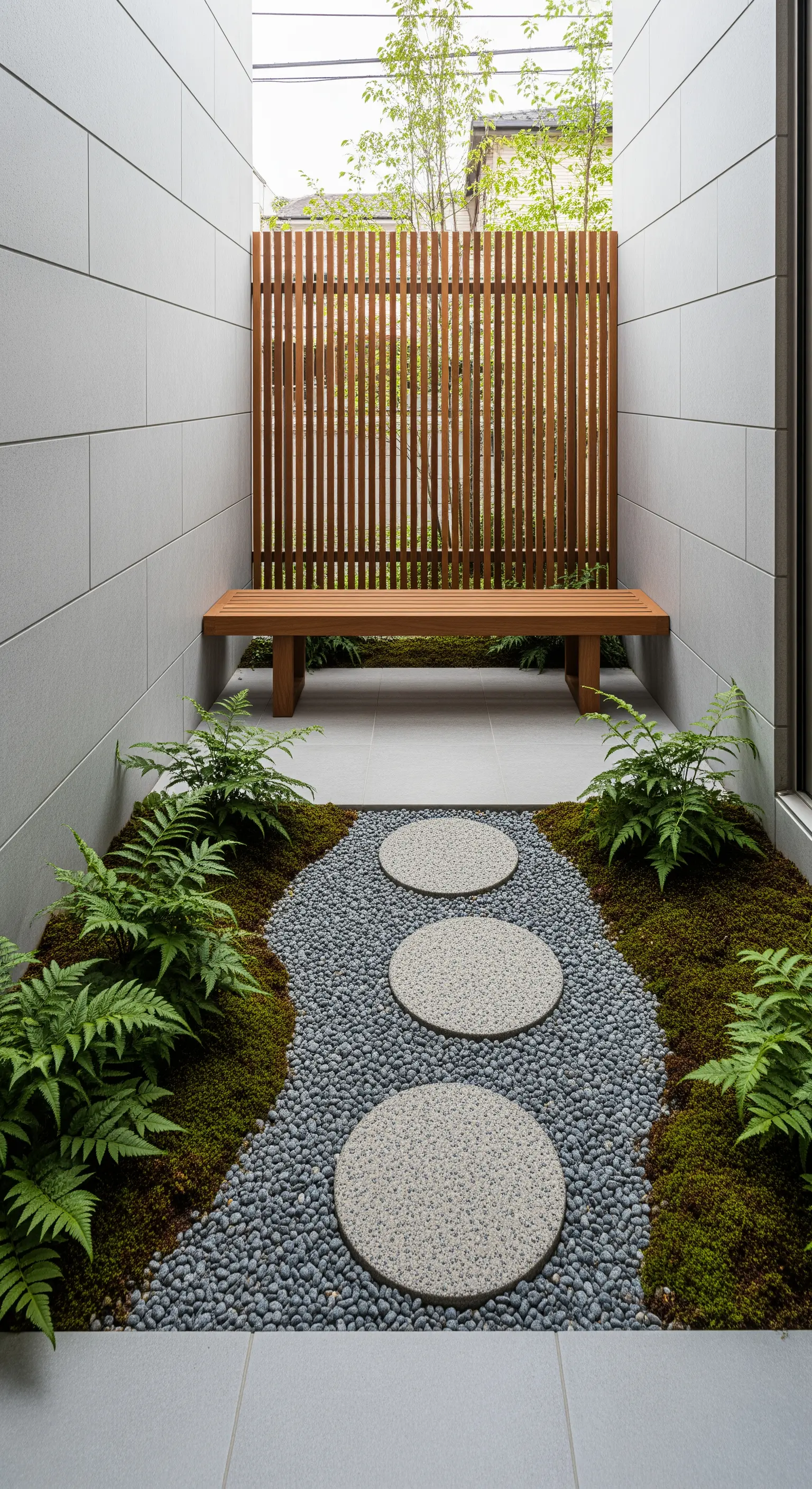 Schmaler Hof mit Holzzaun, Moospfad und Farngestaltung