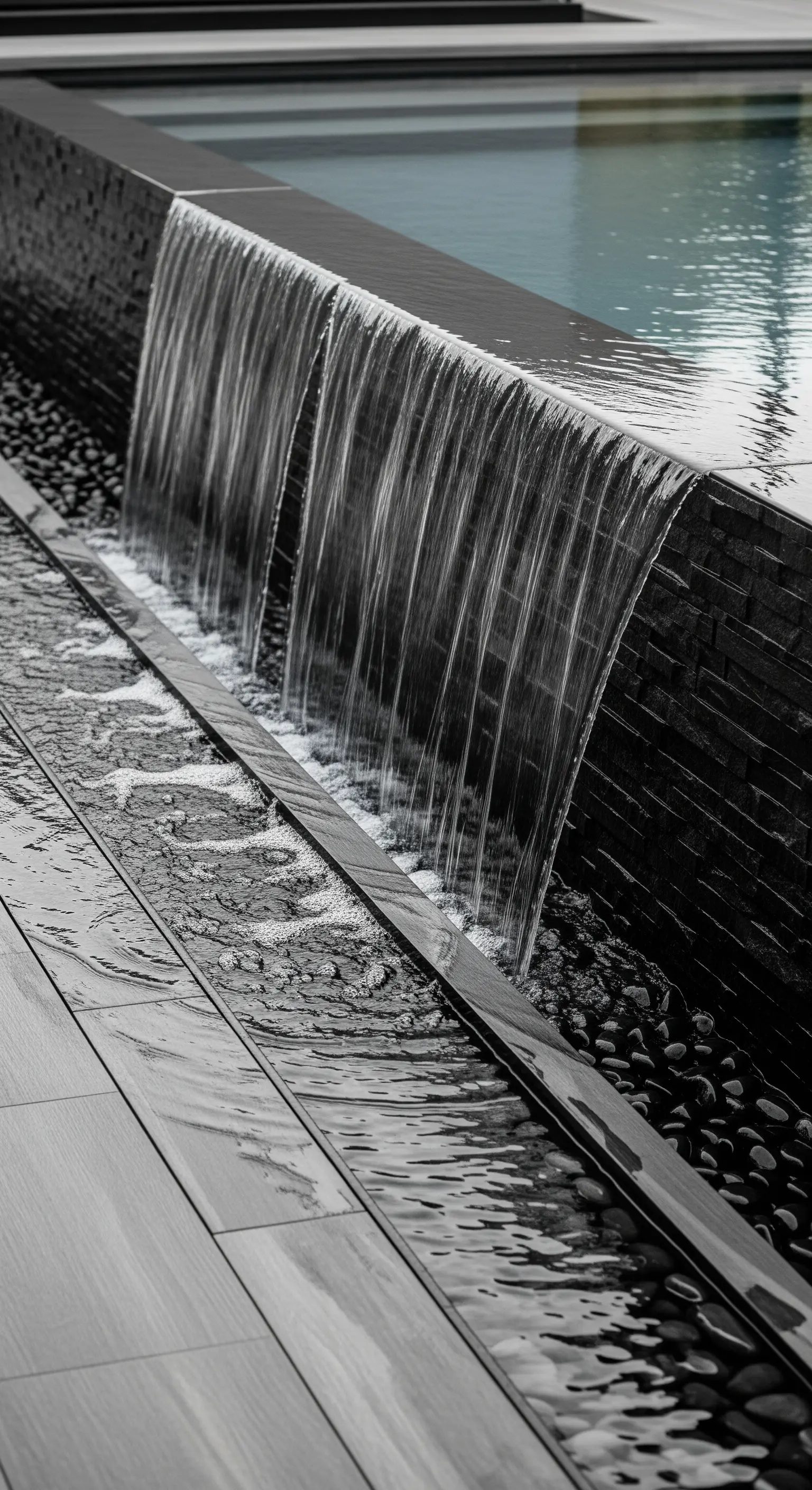 Linearer Kaskaden-Wasserfall aus dunklem Stein mit Flusskieseln am Poolrand