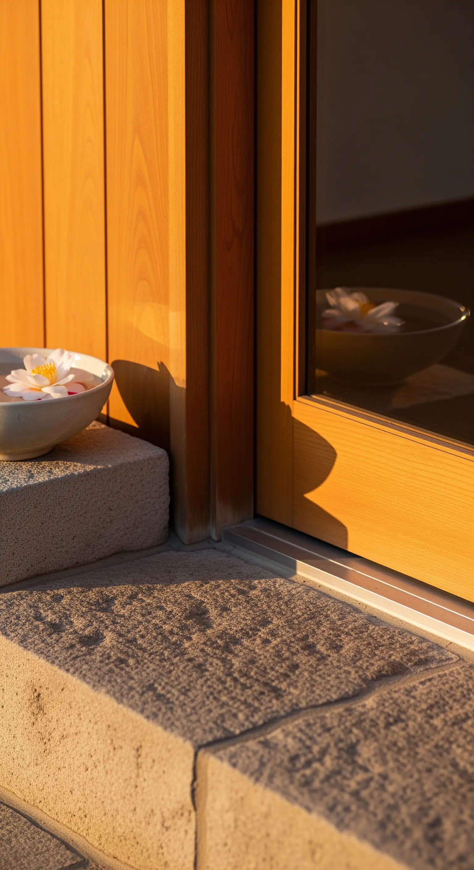 Kleines Wasserbecken mit schwimmenden Blüten auf Betonstufe