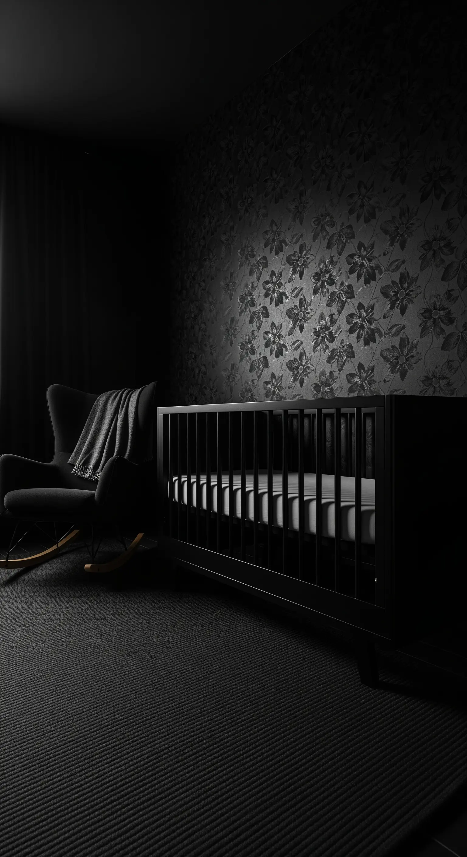 Kinderzimmer in Schwarz mit floraler Akzenttapete, Gitterbett und Schaukelstuhl