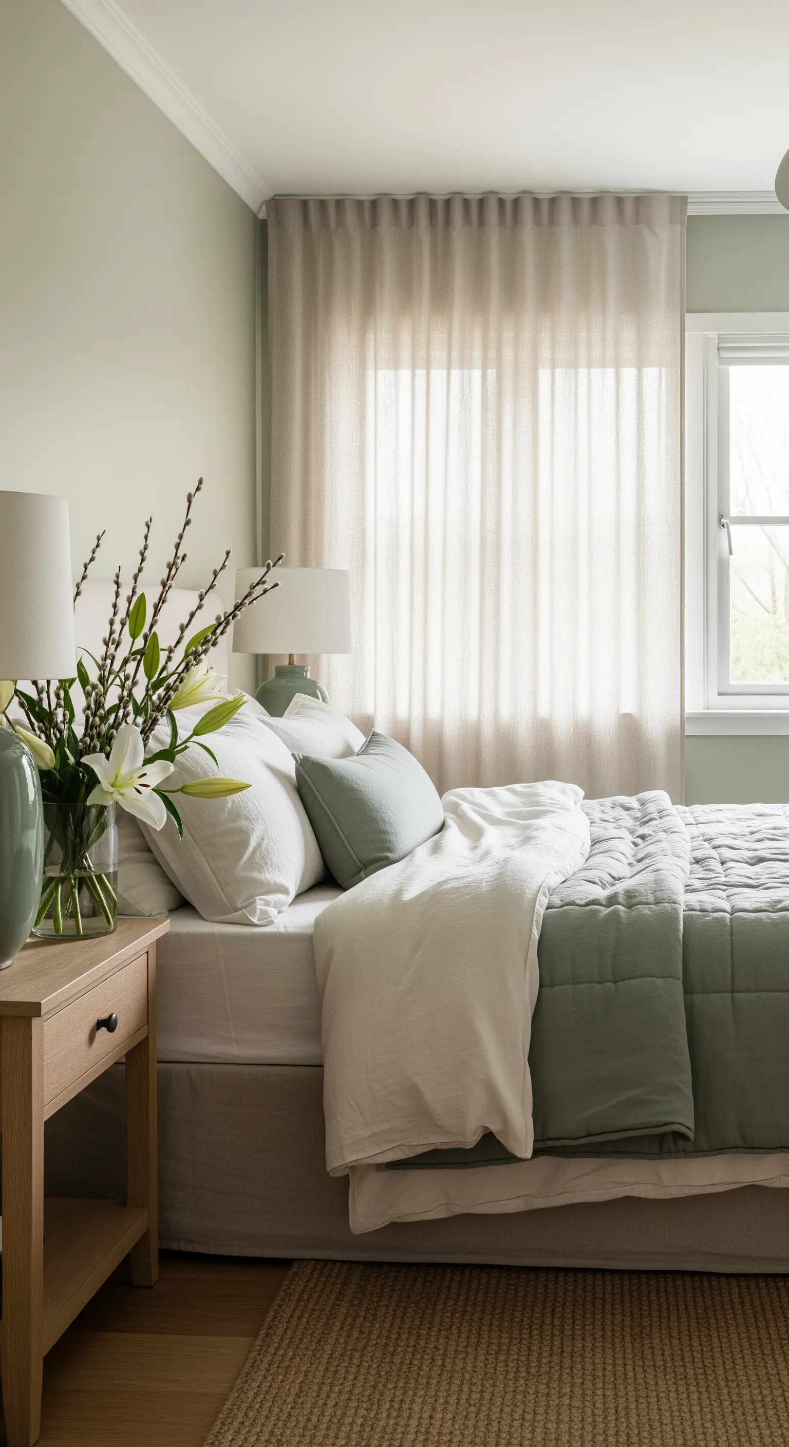 Schlafzimmer mit salbeigrünen Wänden und Bettwäsche, Weidenkätzchen im Vase.