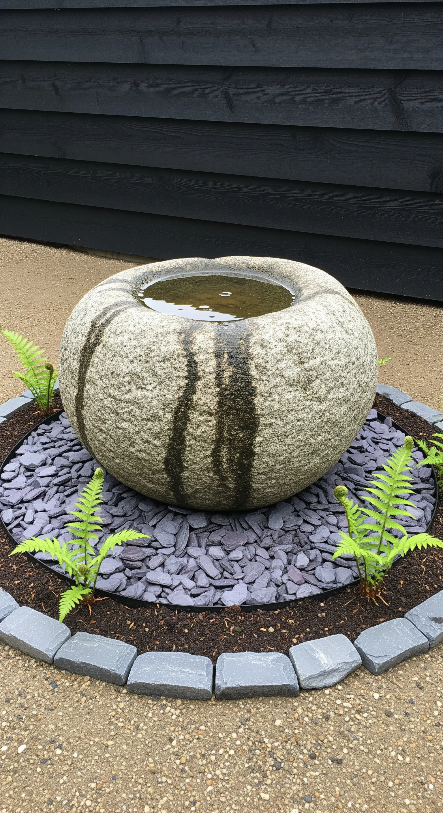 Steinwasserbecken mit überlaufendem Wasser, Schieferchips und Farnen