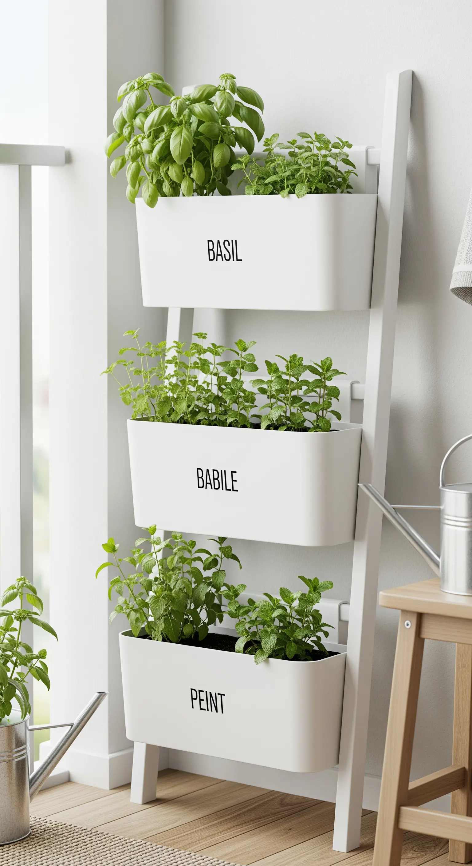 Weißes Pflanzenregal mit beschrifteten Kräutertöpfen (Basil, Babile, Peint)