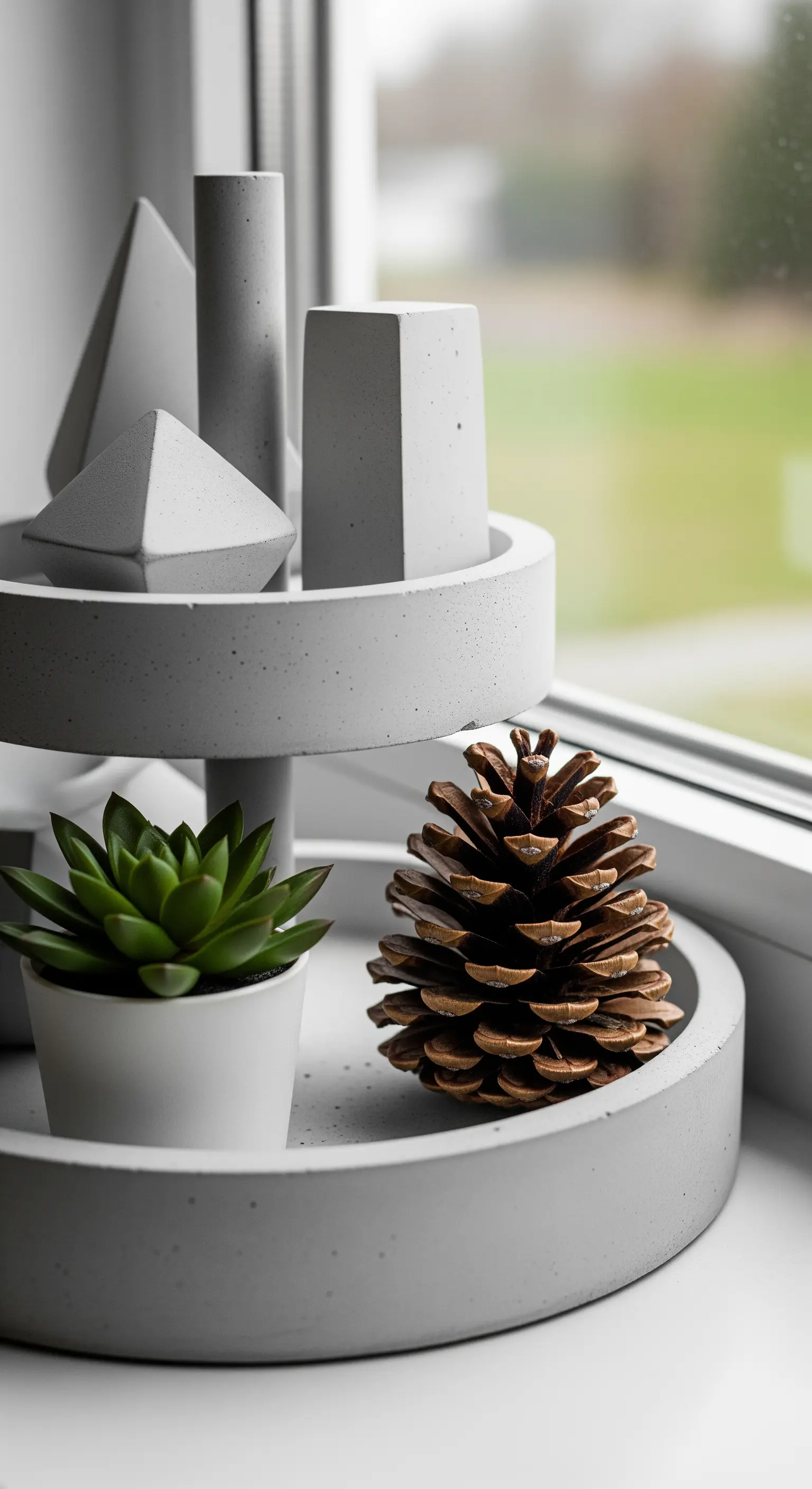Beton-Etagere mit geometrischen Formen und Sukkulente