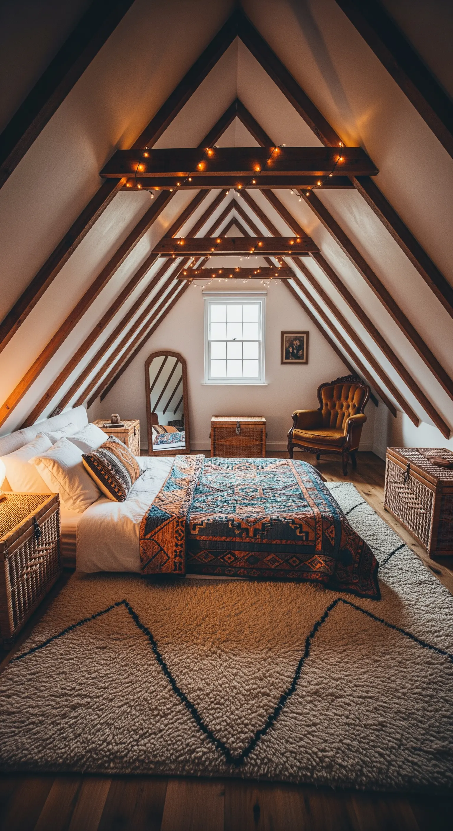 Ein gemütliches Dachgeschoss-Schlafzimmer, bei dem Lichterketten um die Holzbalken gewickelt sind