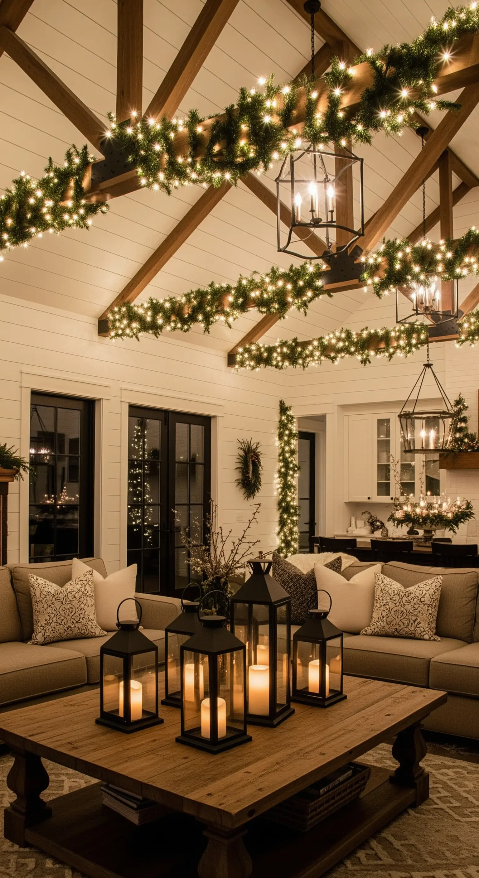 Wohnzimmer mit Holzbalken, die mit leuchtenden Tannengirlanden geschmückt sind.