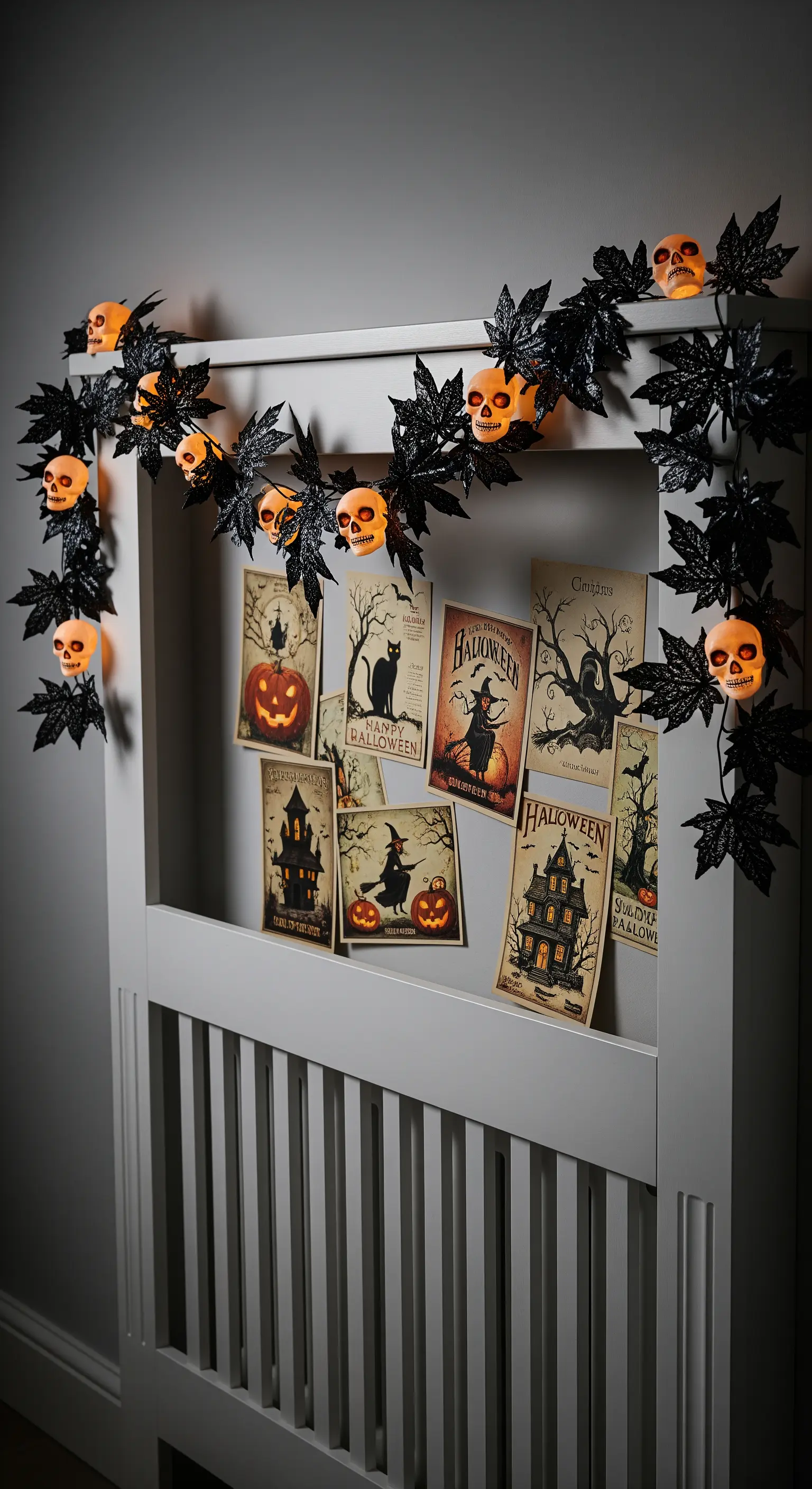 Halloween-Schlafzimmerdeko mit Totenkopf-Girlande und Vintage-Postern am Bett.