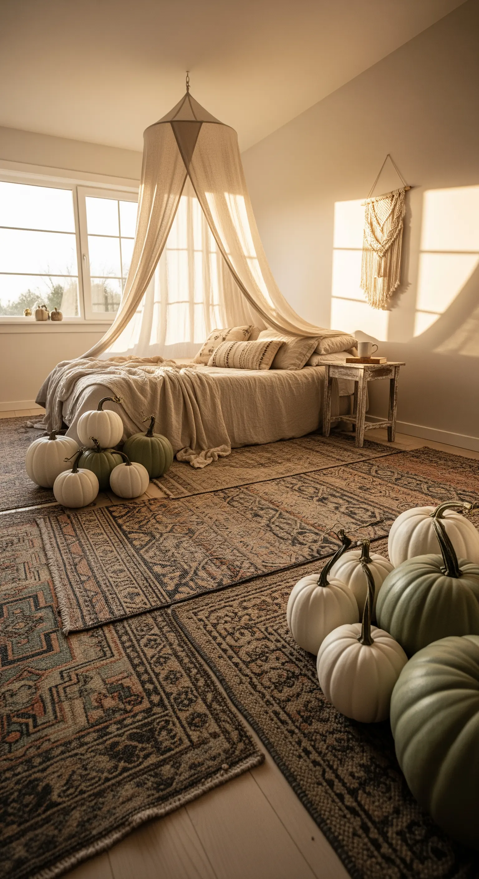 Schlafzimmer mit Betthimmel, mehreren Bodenteppichen und weißen/grünen Kürbissen