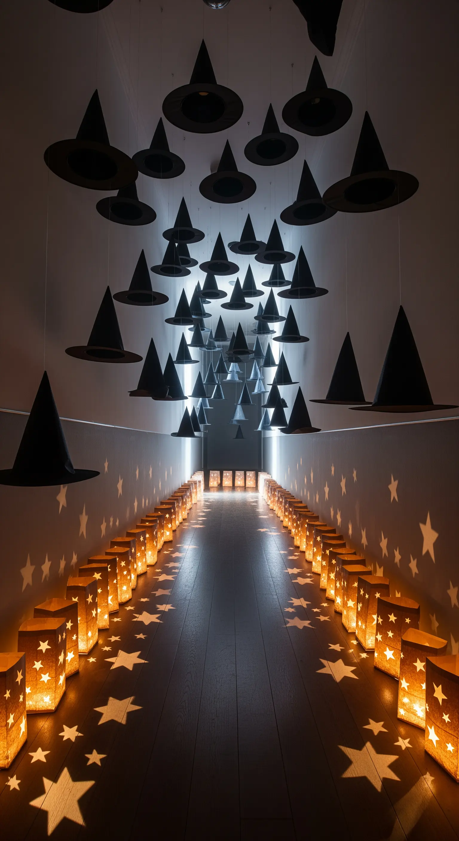 Flur Deko mit schwebenden Hexenhüten und Sternenlichtern.