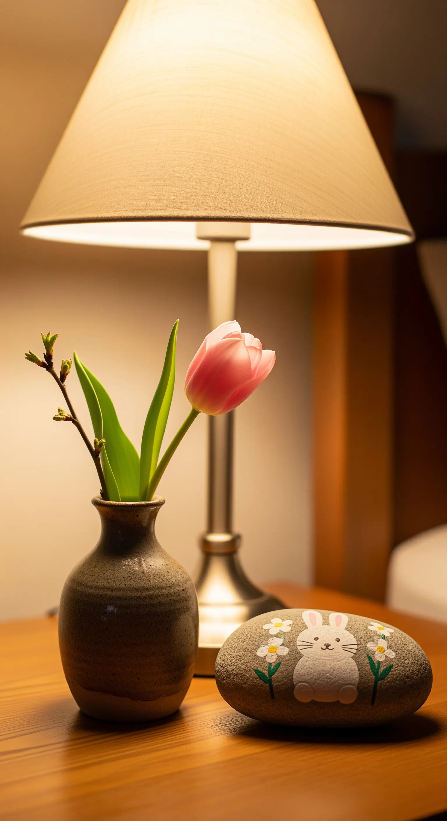 Nachttisch mit rosa Tulpe, Zweig in Vase und bemaltem Kieselstein