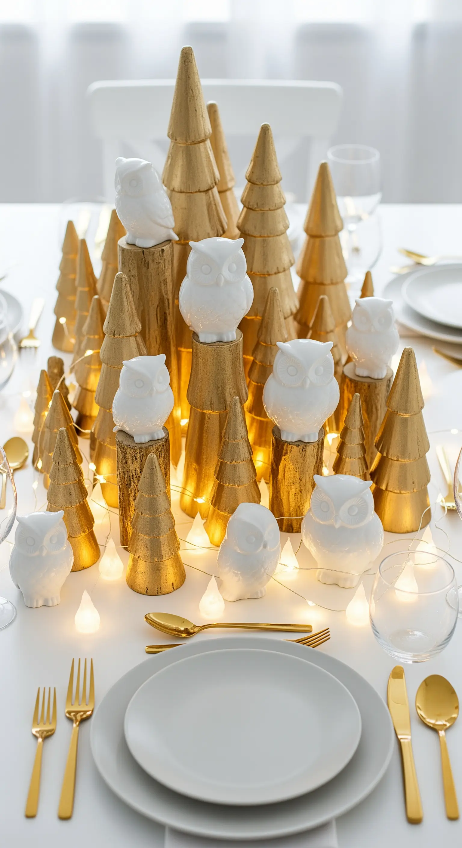 Märchenhafte Tischdeko mit goldenen Tannenbäumen und weißen Eulenfiguren