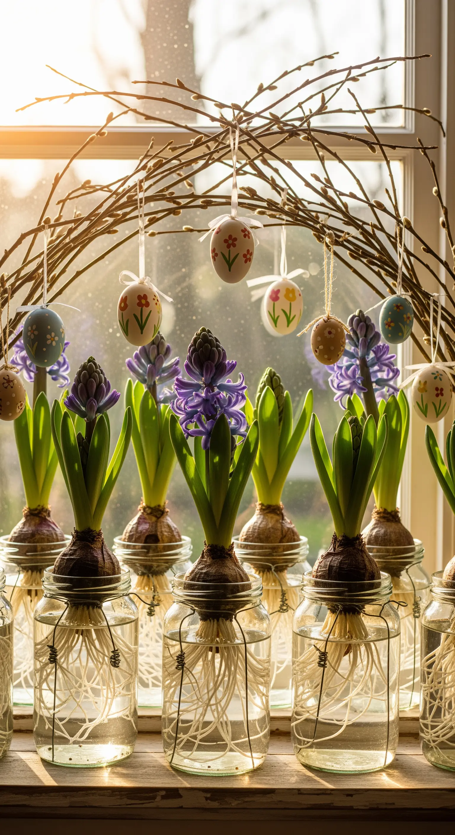 Hyazinthen in Glasgefäßen auf dem Fensterbrett mit hängenden Eiern