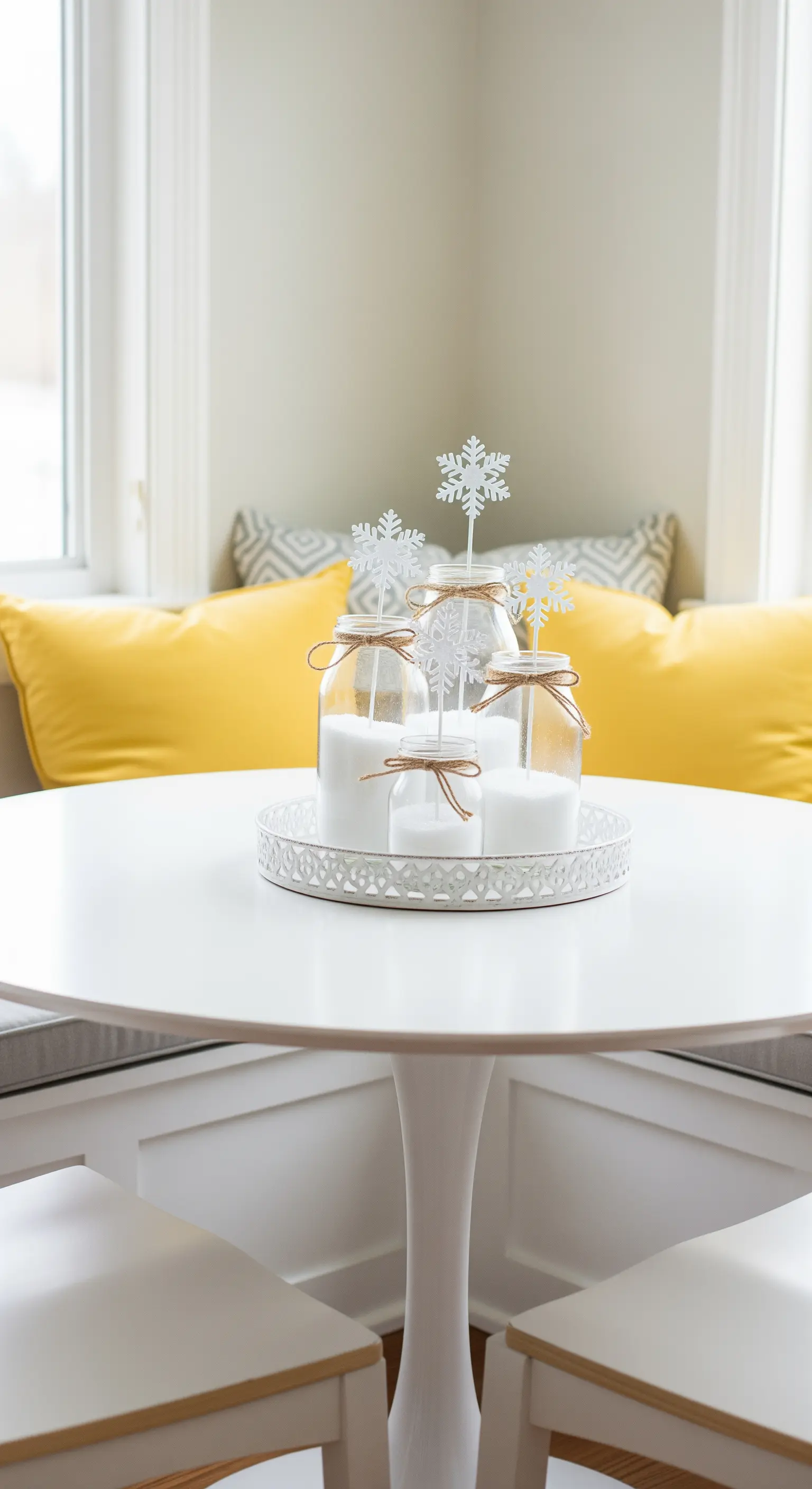 Tischdekoration mit weißen Kerzen in Gläsern und Schneeflocken-Toppern