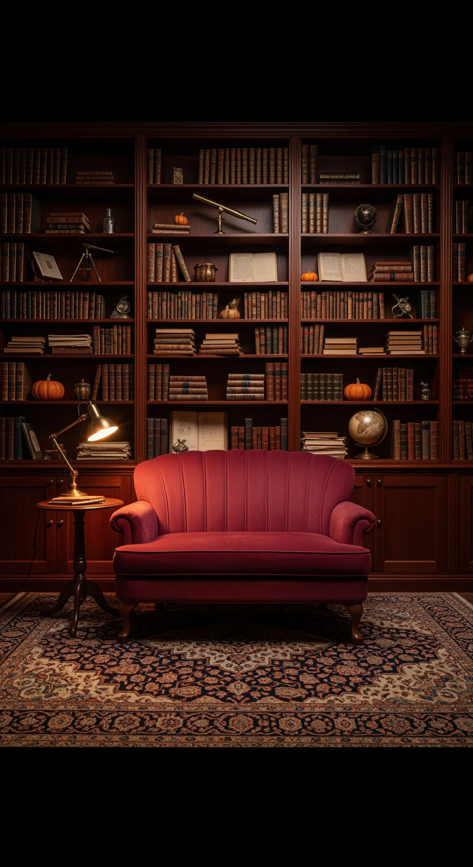 Dunkles Bücherregal mit rotem Samtsofa und Vintage-Dekor.