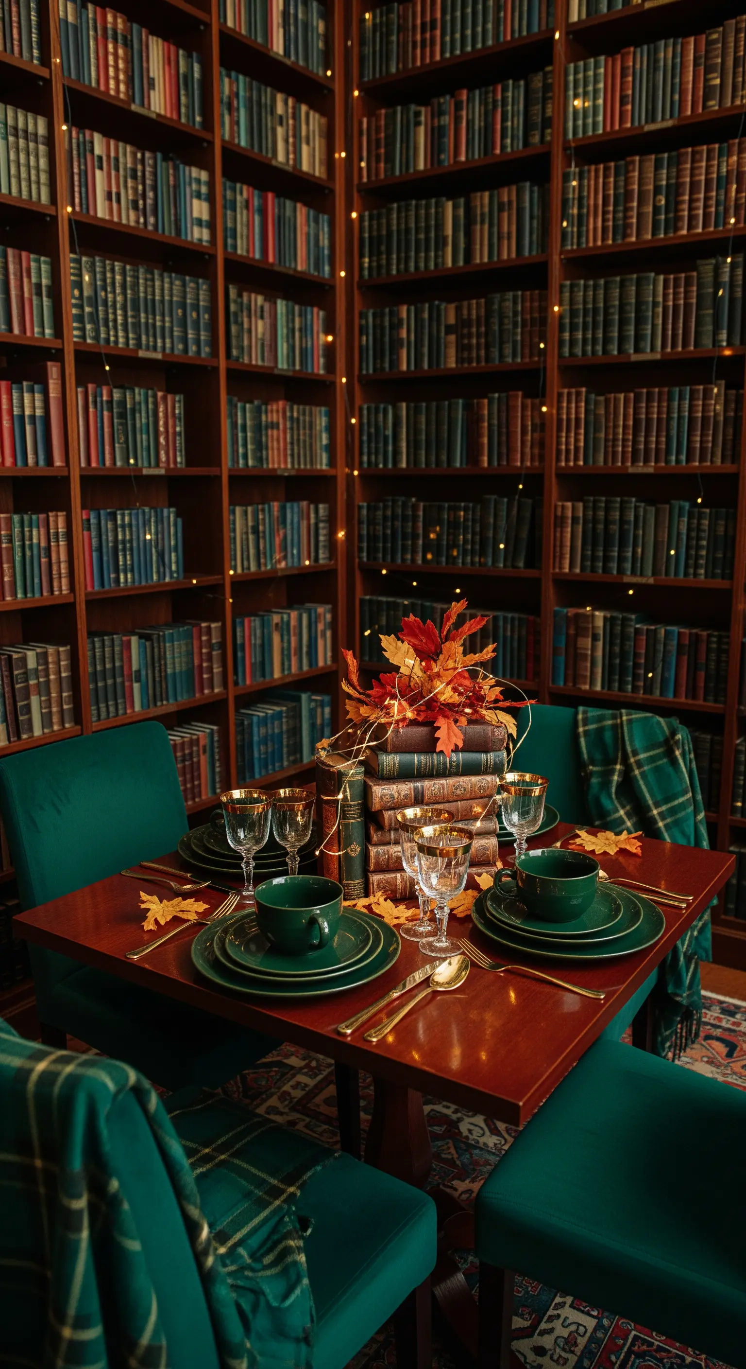 Bibliothekstafel, grüne Samtstühle, Bücher, Herbstblätter, Lichterketten an Regalen.