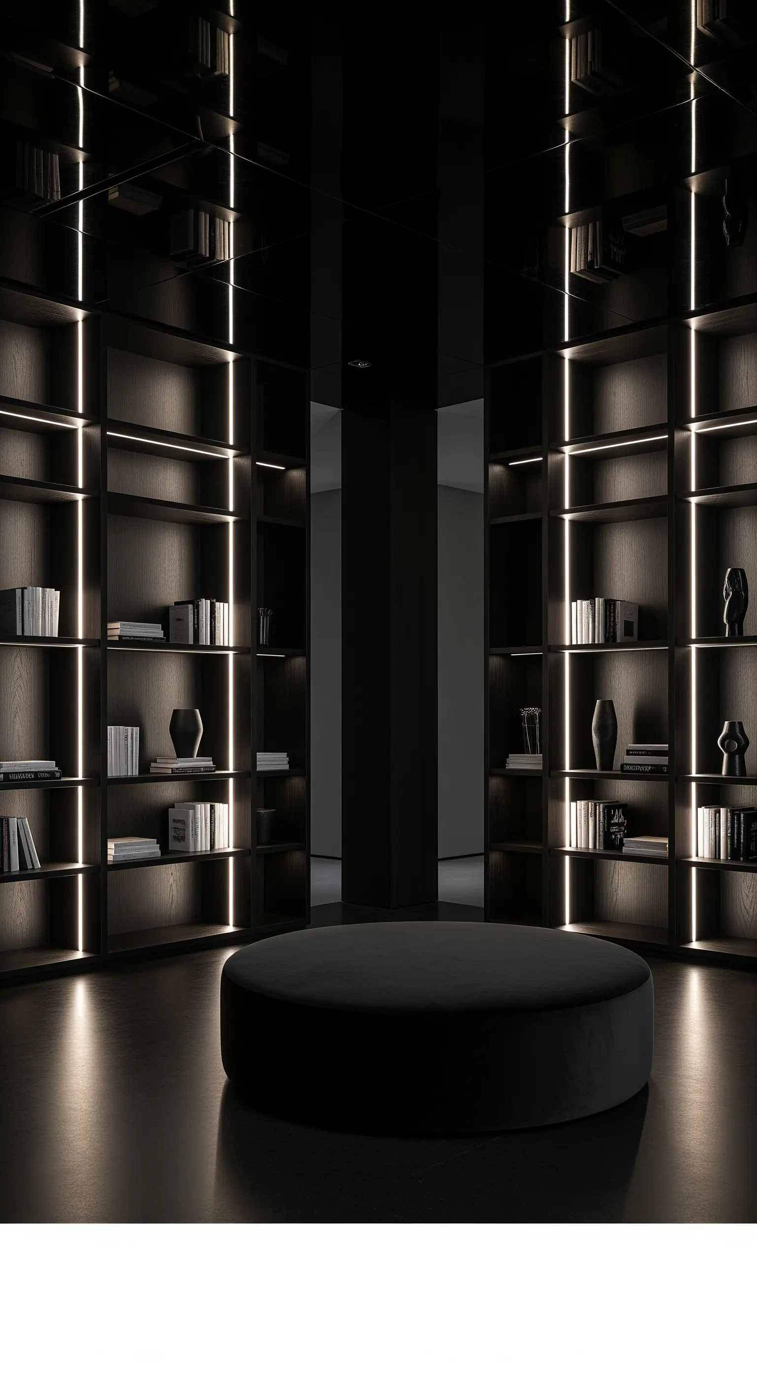 Bibliothek mit wandhohen, beleuchteten Regalen und zentraler schwarzer Rundbank