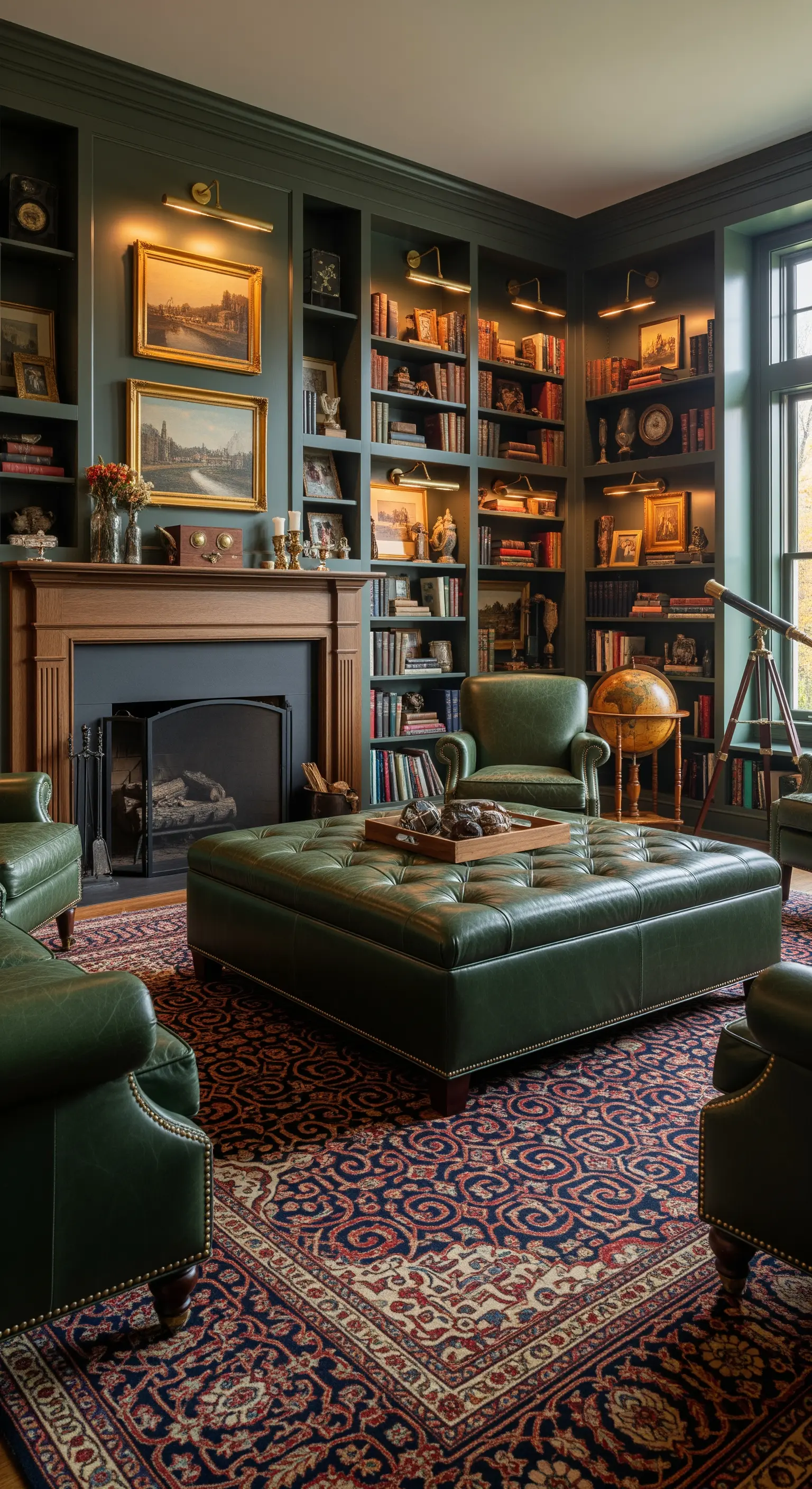 Grüne Bibliothek mit Holzregalen, Ledersofa, Ottoman, Kamin und Teppich