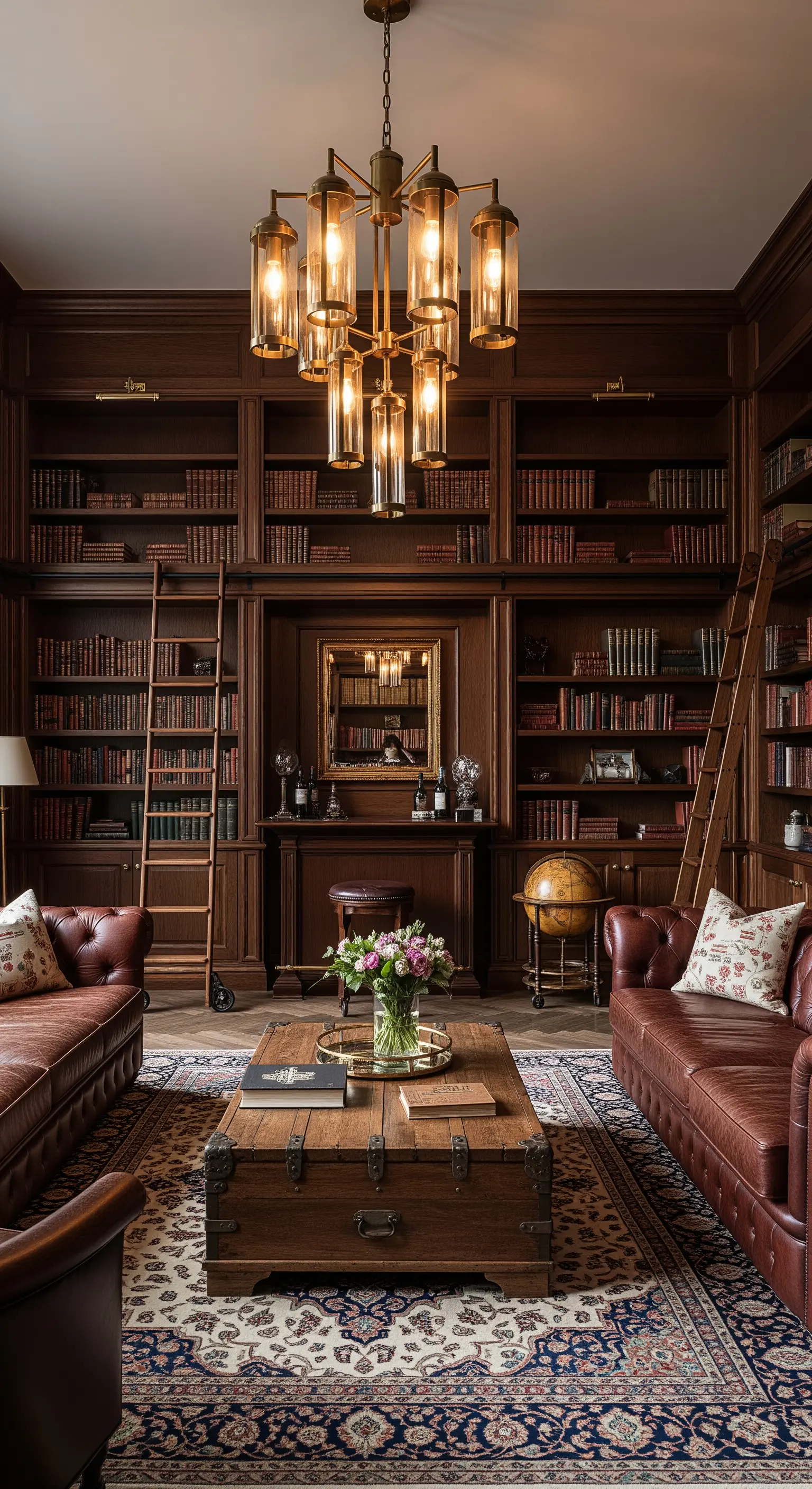 Kronleuchter im industriellen Stil mit Glaslaternen in einer dunklen Holzbibliothek mit Ledersofas.