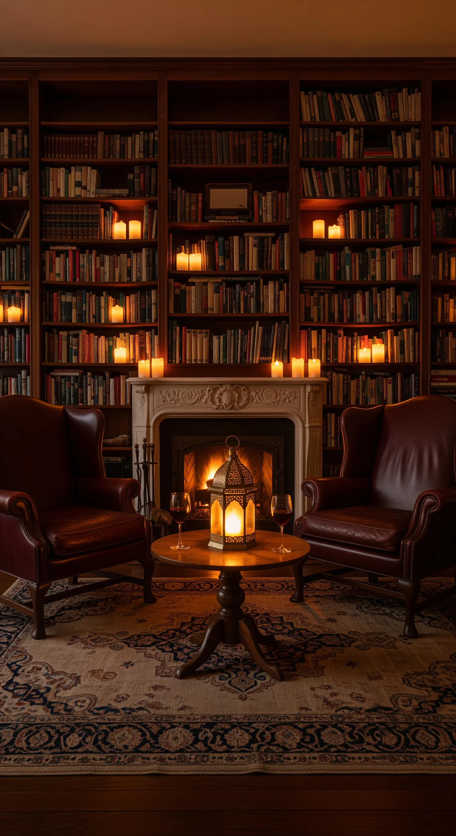 Bibliothek mit Kaminsims, Ledersesseln und Kerzen in Regalen und auf dem Tisch