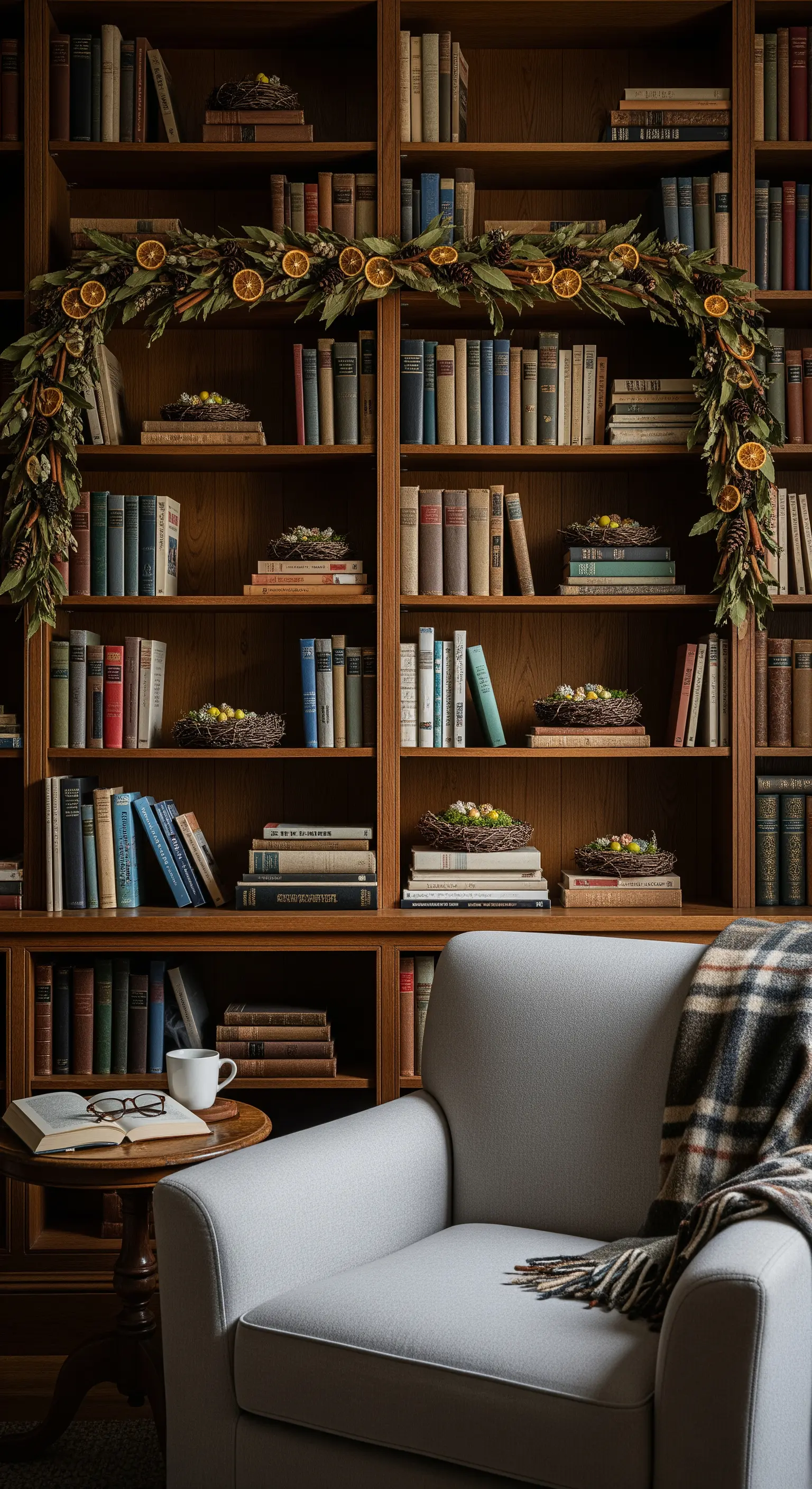 Bücherregal mit Girlande aus Trockenfrüchten und kleinen Nestern mit Ostereiern