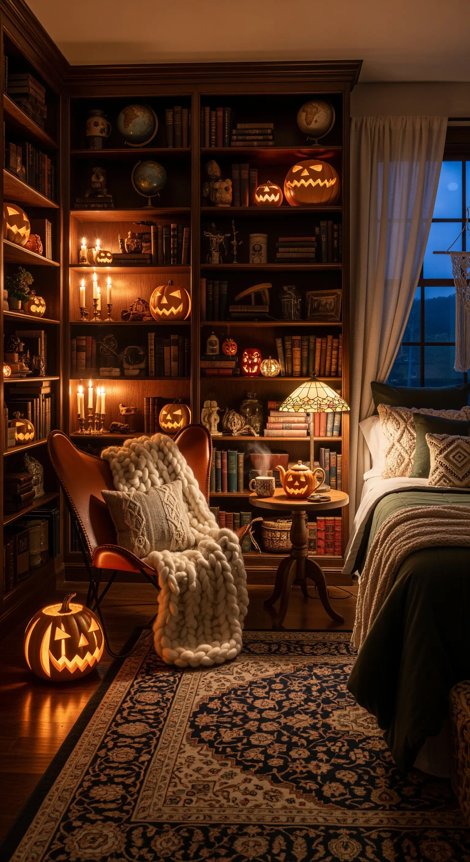 Bücherregal-Schlafzimmer mit leuchtenden Kürbissen, Kerzen und Tiffany-Lampe