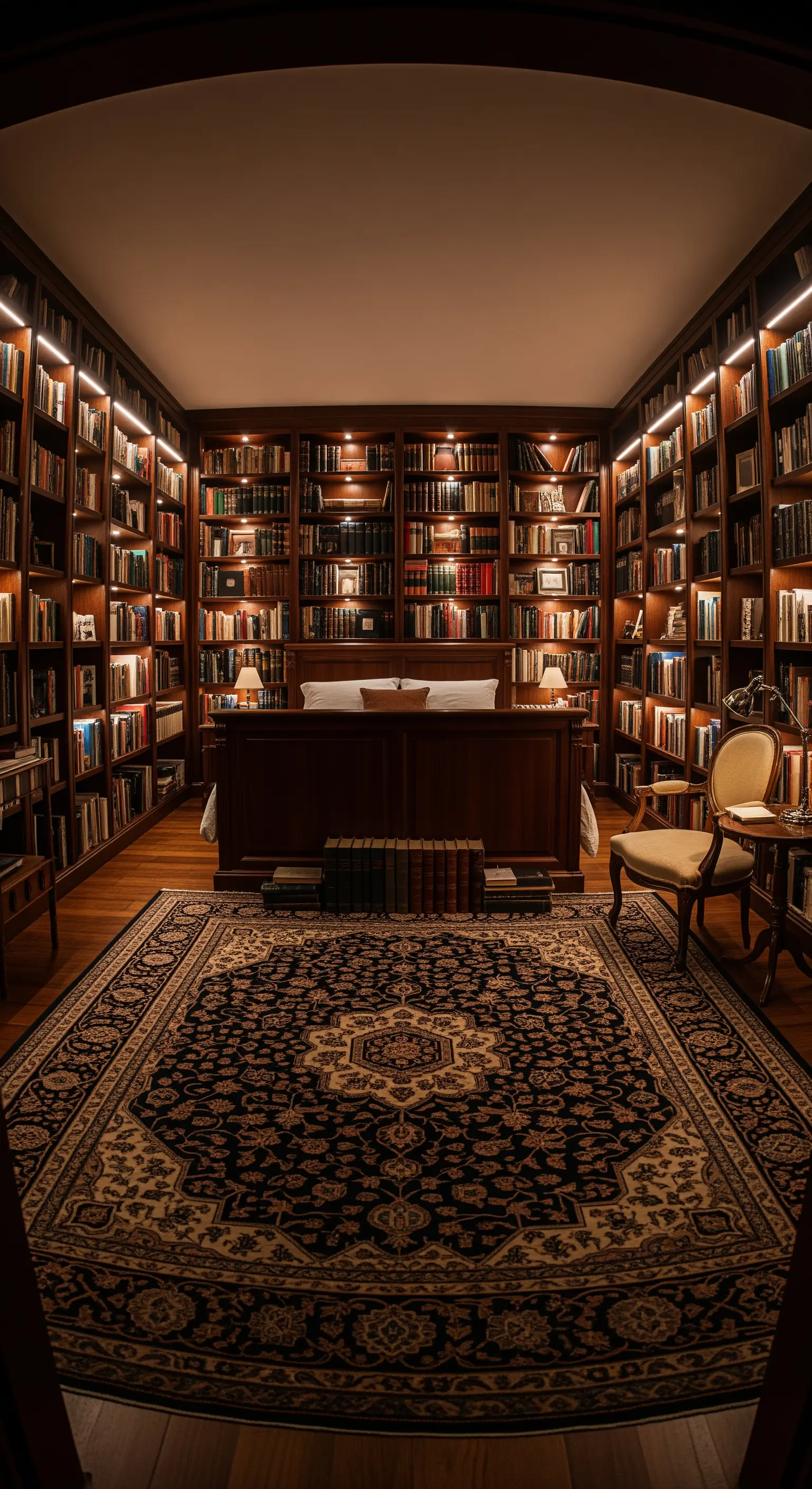 Bücherregale mit Licht, Teppich, klassisches Mobiliar