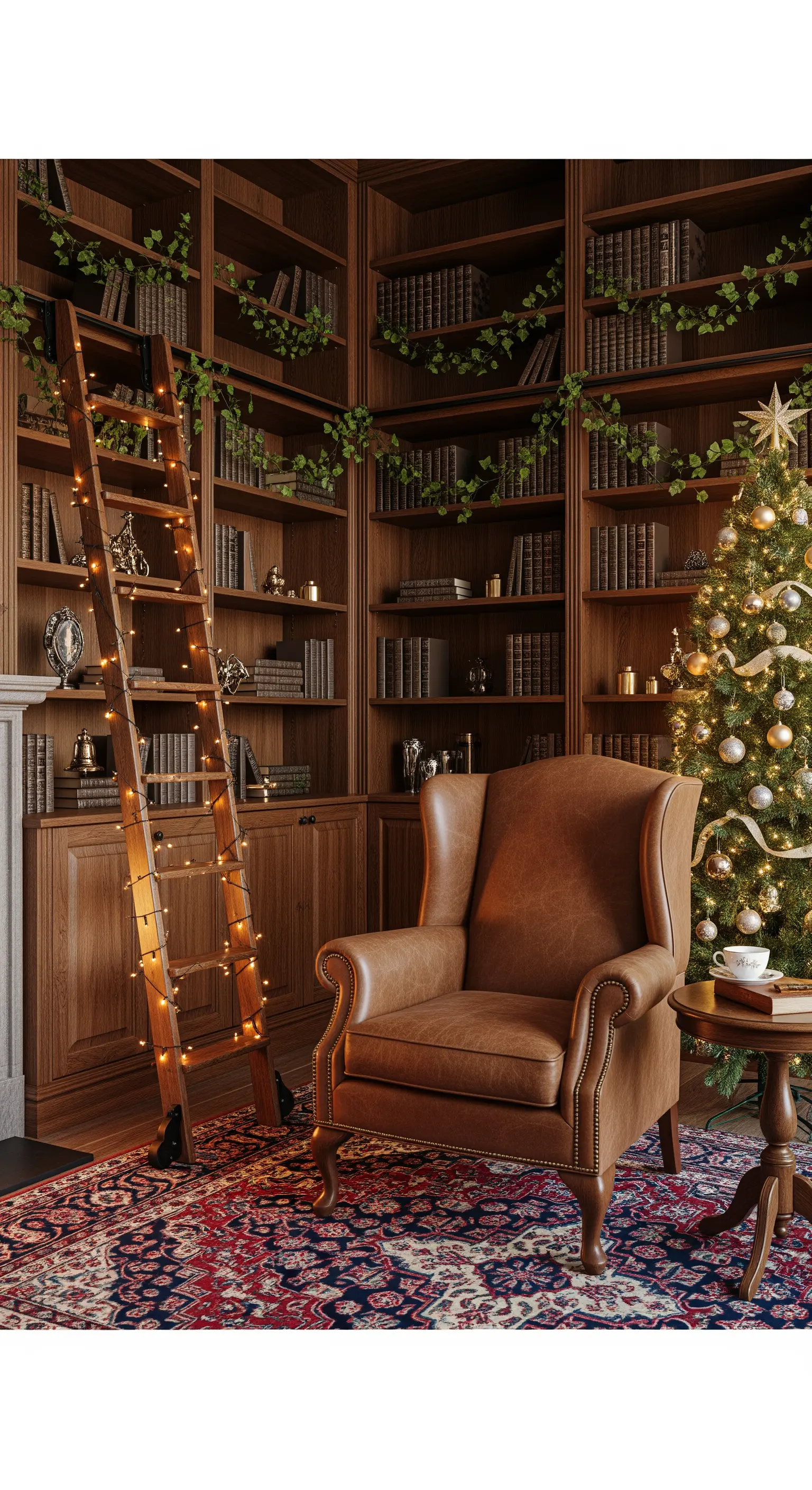 Bibliotheksraum mit hohen Regalen, Weihnachtsbaum, Ledersessel und Leiter mit Lichterkette.