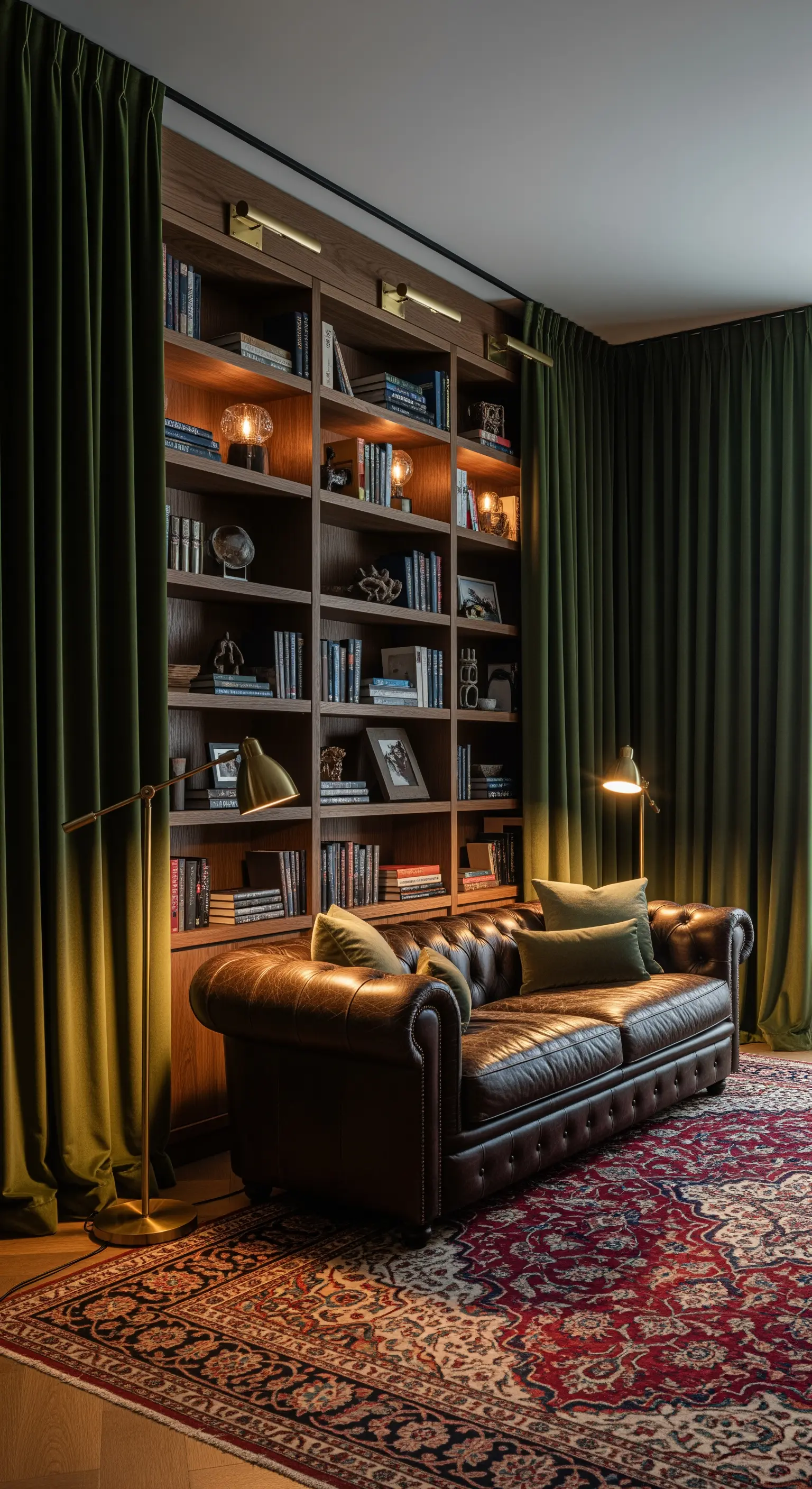 Bibliotheksecke mit grünen Samtvorhängen, Ledersofa und beleuchtetem Bücherregal