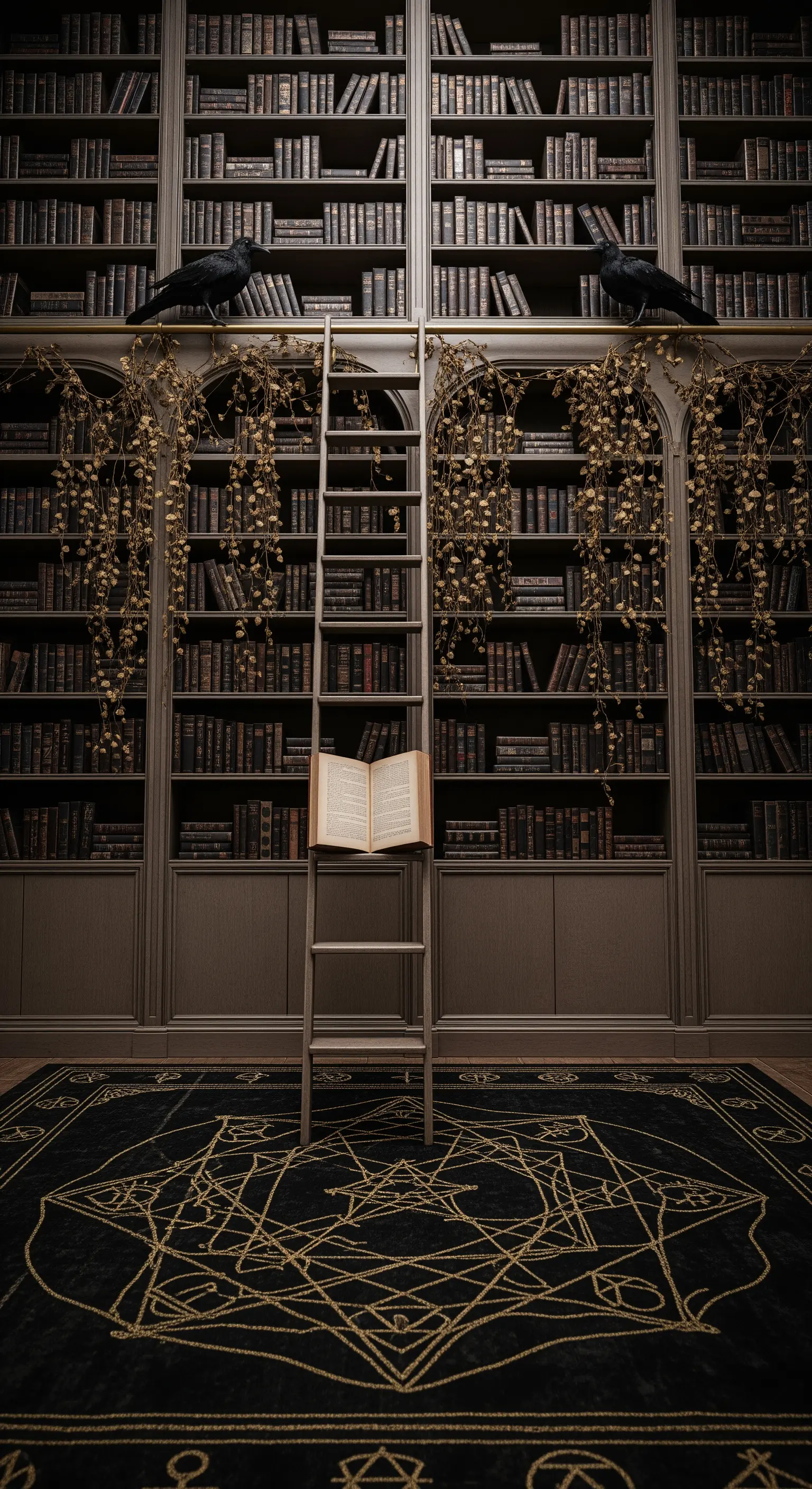 Bibliotheksleiter, offenes Buch, Raben, Ranken, Bücherregal, Dark Academia.