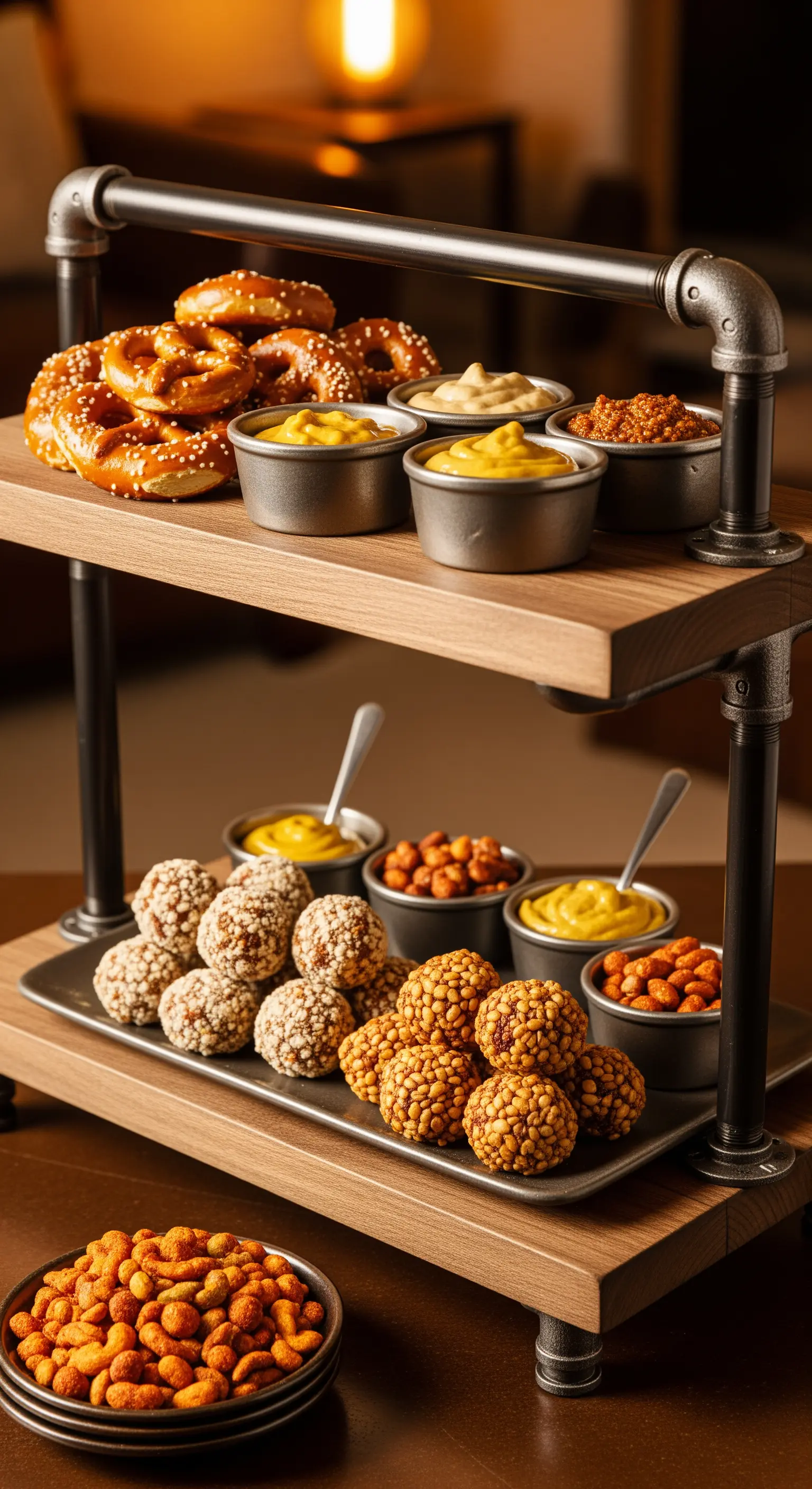 Holz-Metall-Etagere im Industrie-Stil mit Brezeln, Senf und herzhaften Snacks.