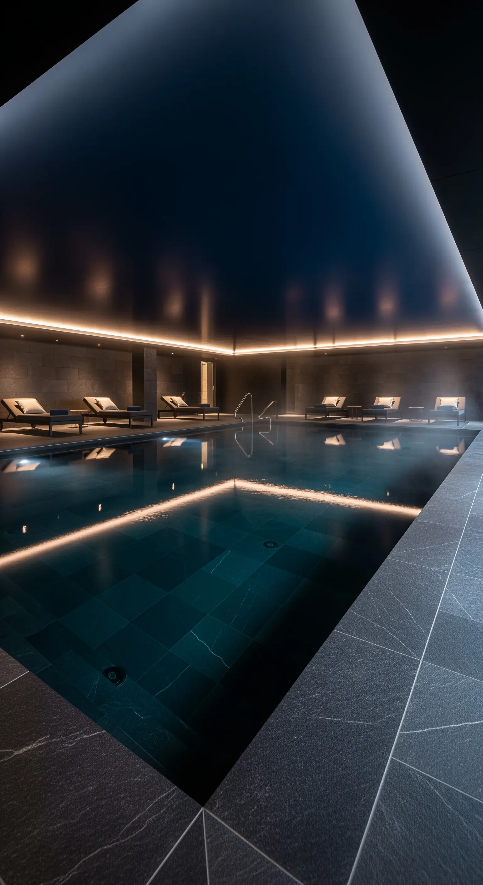 Billiardzimmer mit dunkler Kassettendecke, blau hinterleuchteten Paneelen und Holzvertäfelung