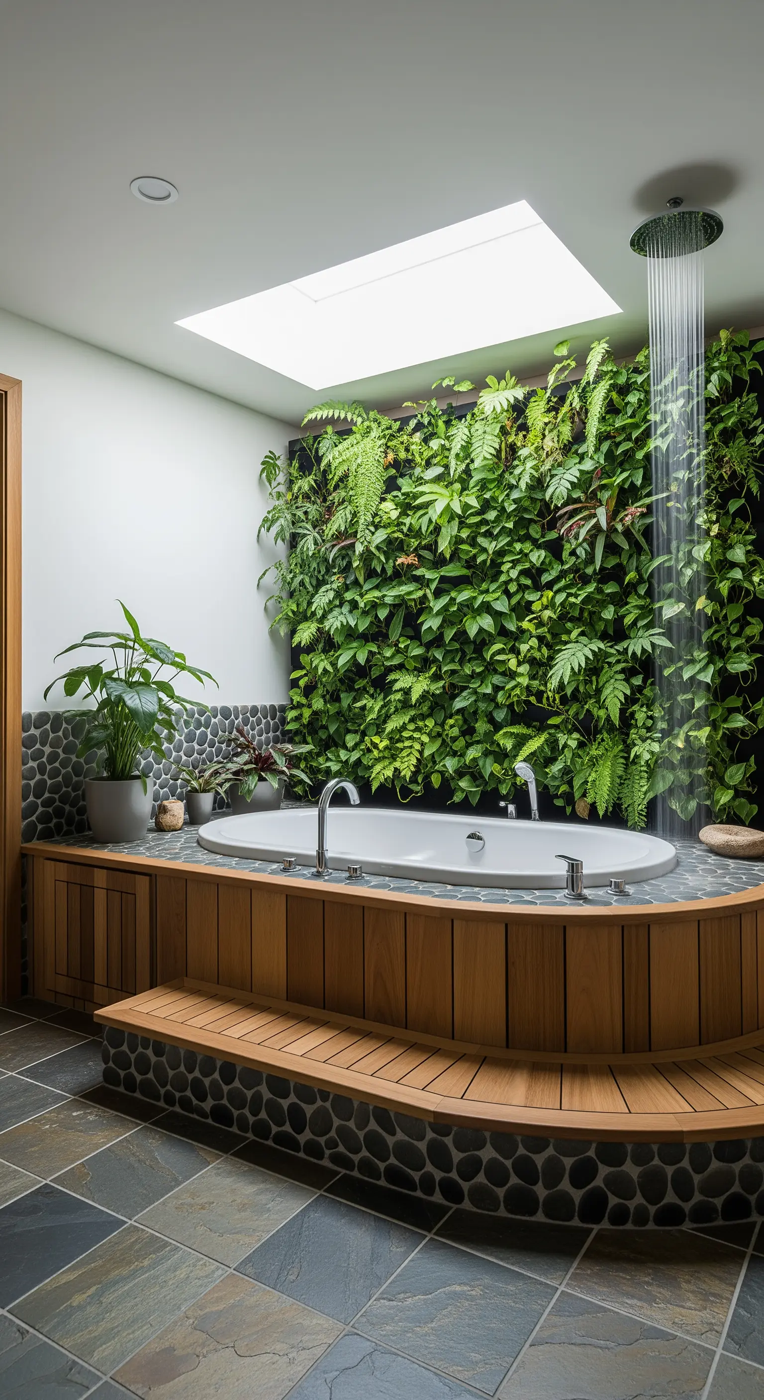 Badewanne in einem Holz-Podest vor einer üppigen, grünen Pflanzenwand mit Oberlicht