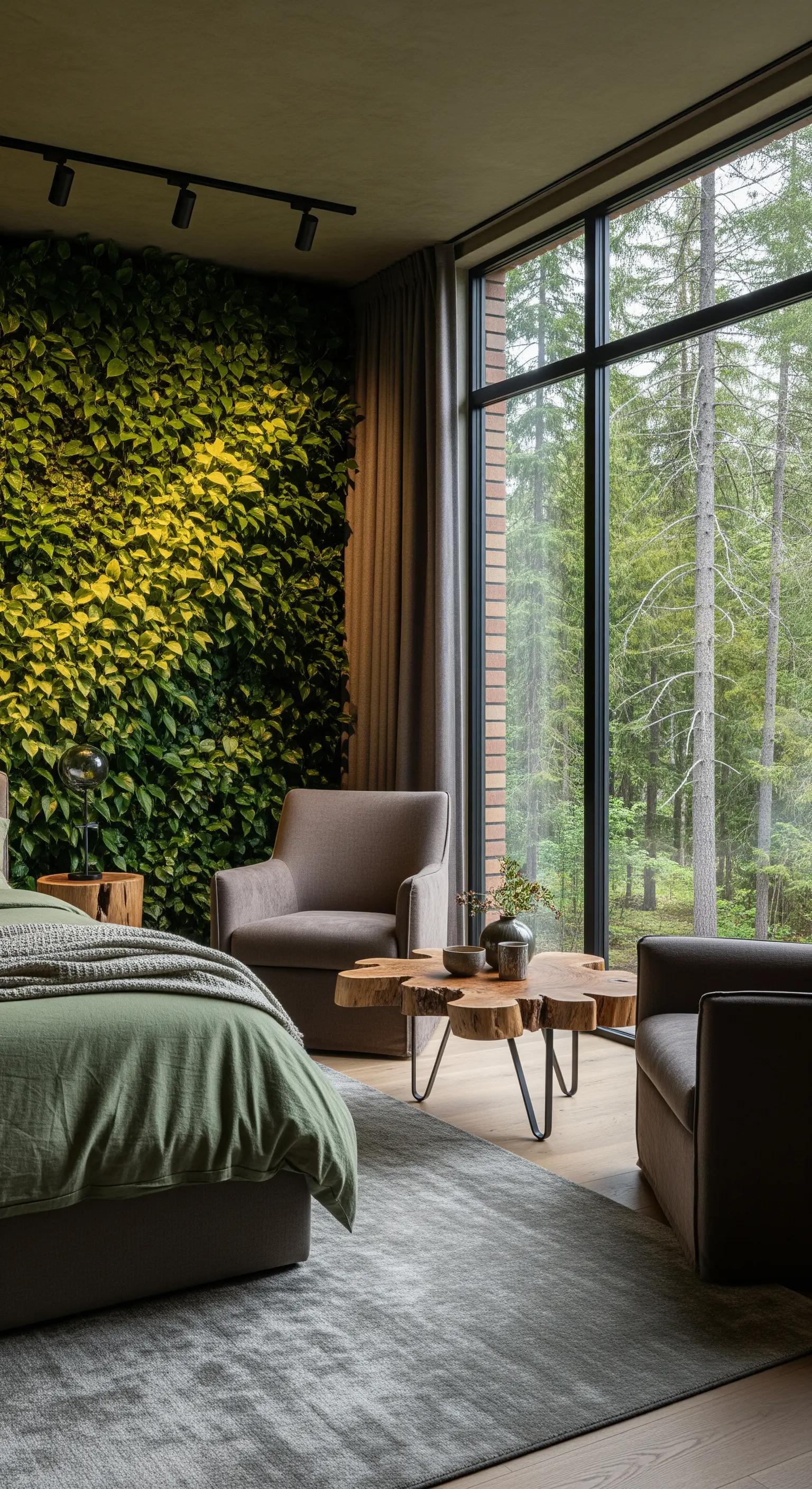 Schlafzimmer-Lounge mit grüner Pflanzenwand und großen Fenstern mit Blick auf einen Wald.