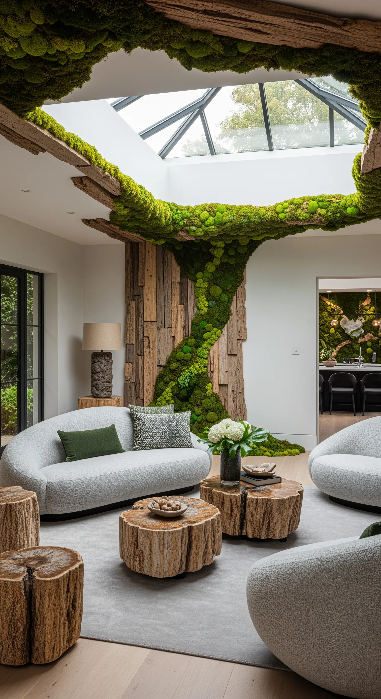 Große Installation aus Moos und Altholz, die sich von der Wand zur Decke erstreckt.