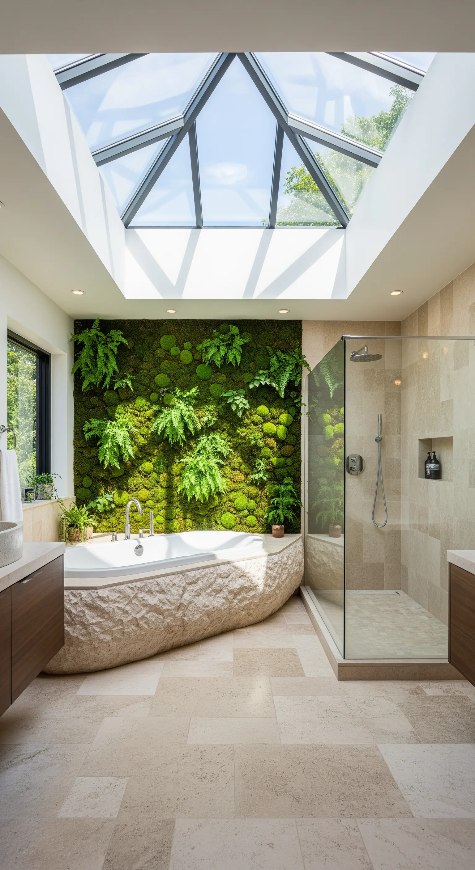 Badewanne vor einer lebenden grünen Pflanzenwand unter einem großen Dachfenster.