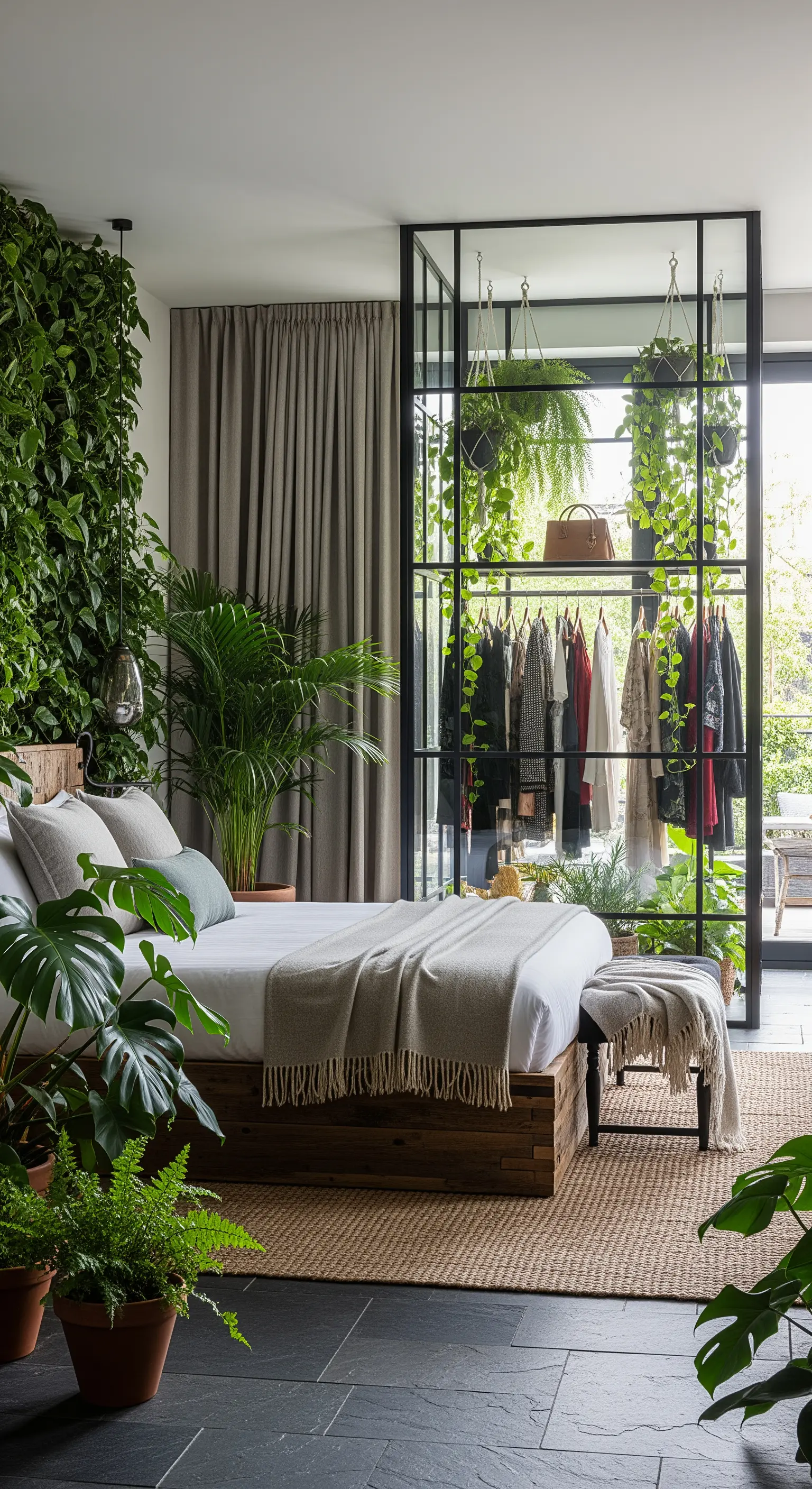 Schlafzimmer im Urban-Jungle-Stil mit Glas-Ankleide und vielen integrierten Hängepflanzen.