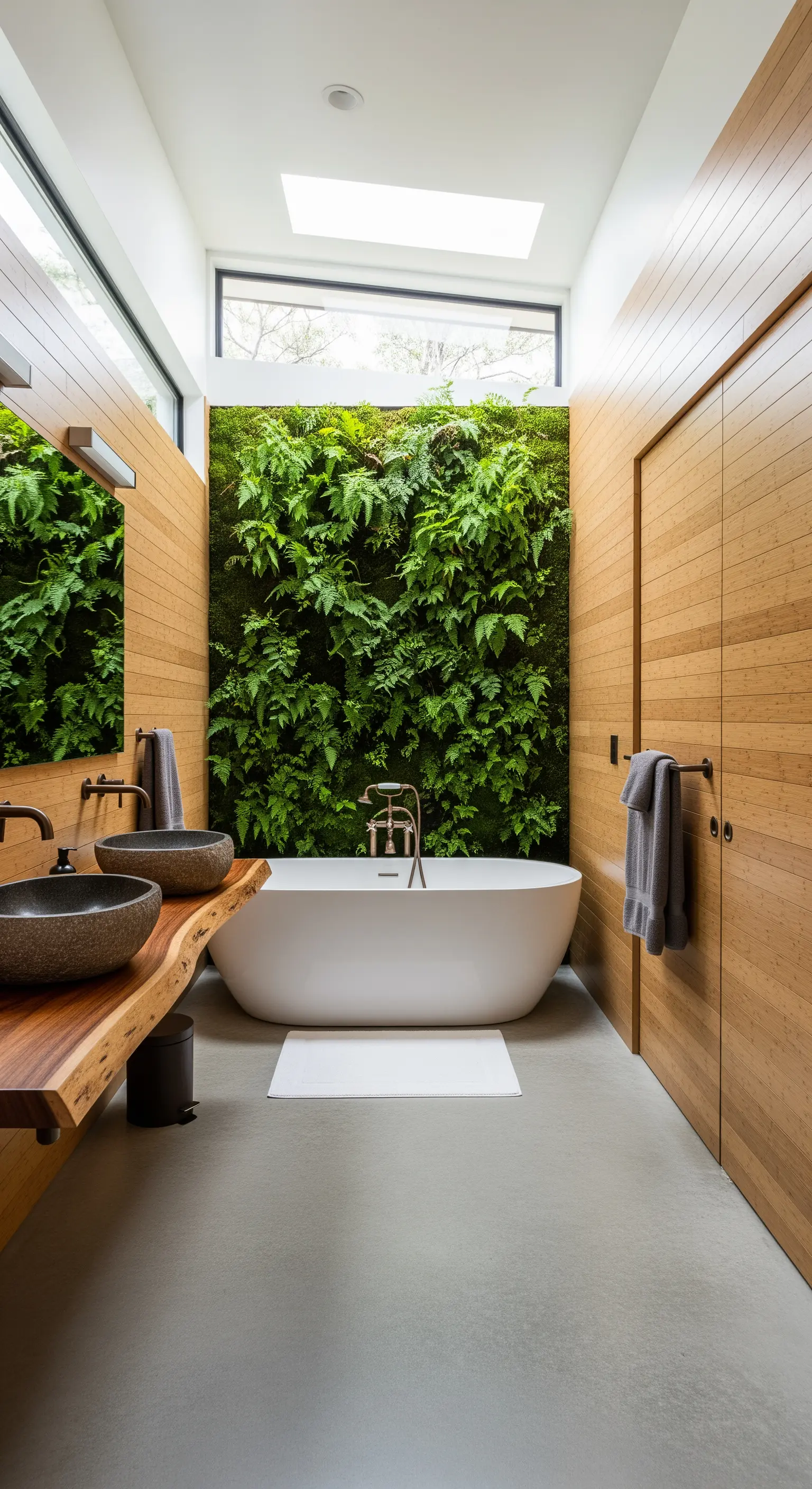 Badezimmer mit einer üppig grünen Pflanzenwand hinter der freistehenden Badewanne