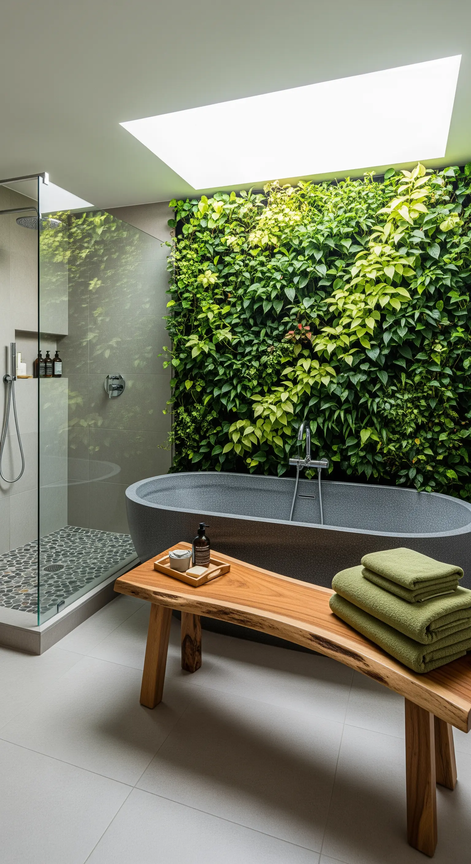 Badezimmer mit einer üppigen Pflanzenwand und einer Holzbank für grüne Handtücher.