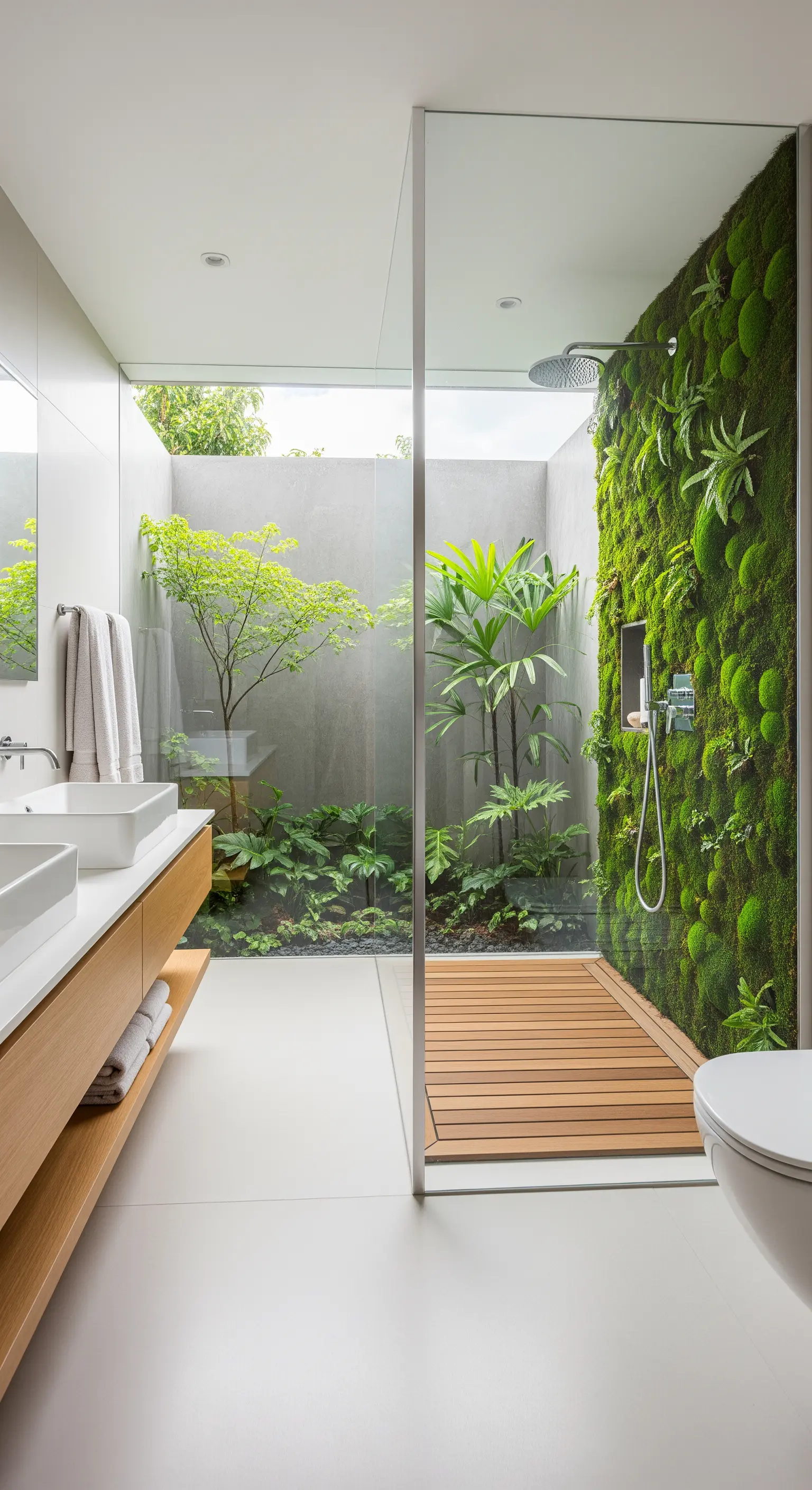Offene Dusche mit einer lebendigen grünen Pflanzenwand und Blick in einen Innenhof