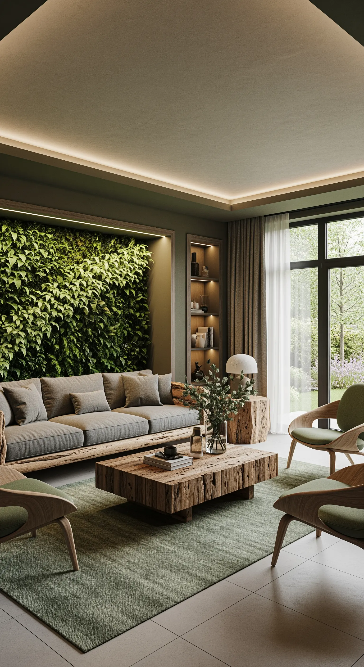 Modernes Wohnzimmer mit einer großen, lebenden Pflanzenwand und Holzmöbeln.