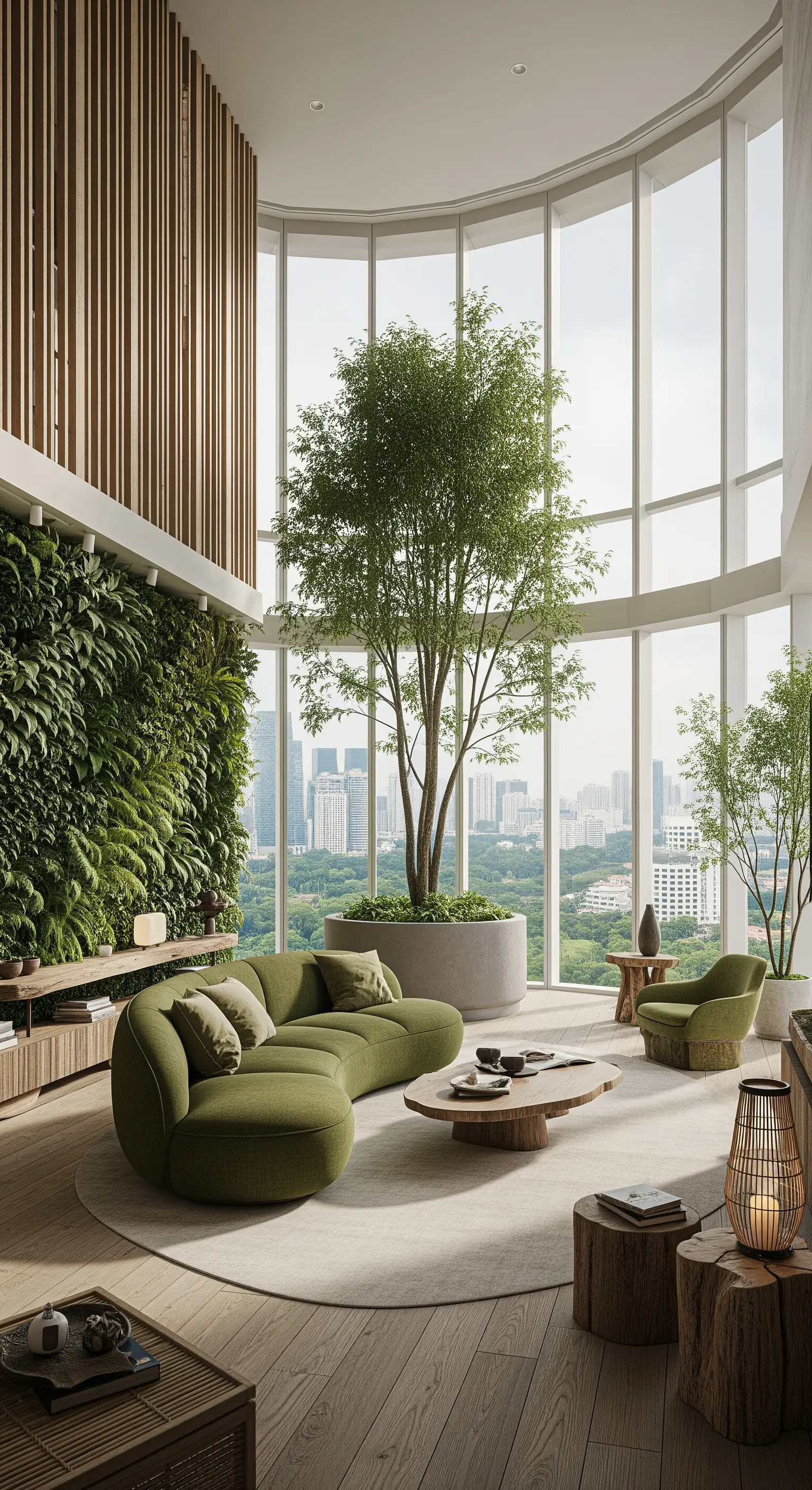 Wohnzimmer mit vertikaler Pflanzenwand und einem grossen Baum im Zentrum